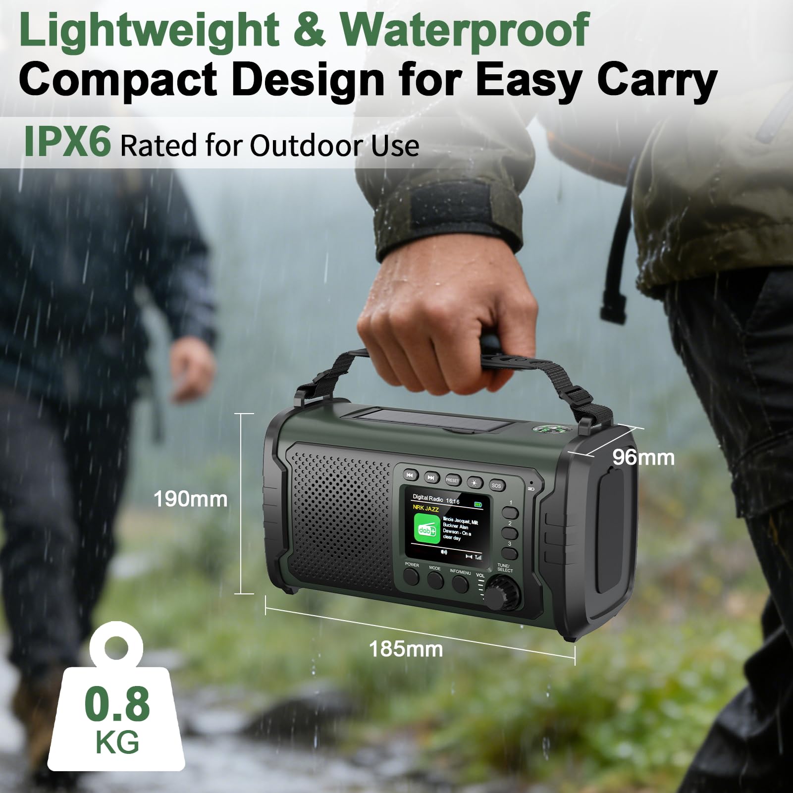 Radio di Emergenza DAB+/FM 27000mAh con Powerbank – Radio Solare e a Manovella con Bluetooth 5.3, SOS, Torcia e Luce Lettura per Campeggio e Blackout（Verde militare）