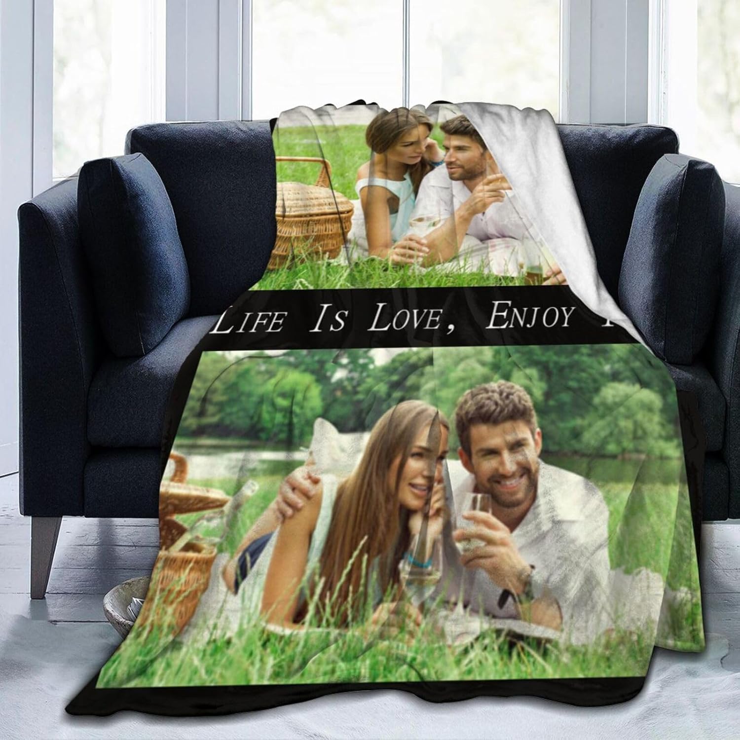 Customizable Blanket with Picture Text, Personalized Flannel Fleece Blanket, Custom The Unique Blanket for Yourself or Your Kid Mom Father Girlfriend Friends,2 Photo Style01,71"x91"