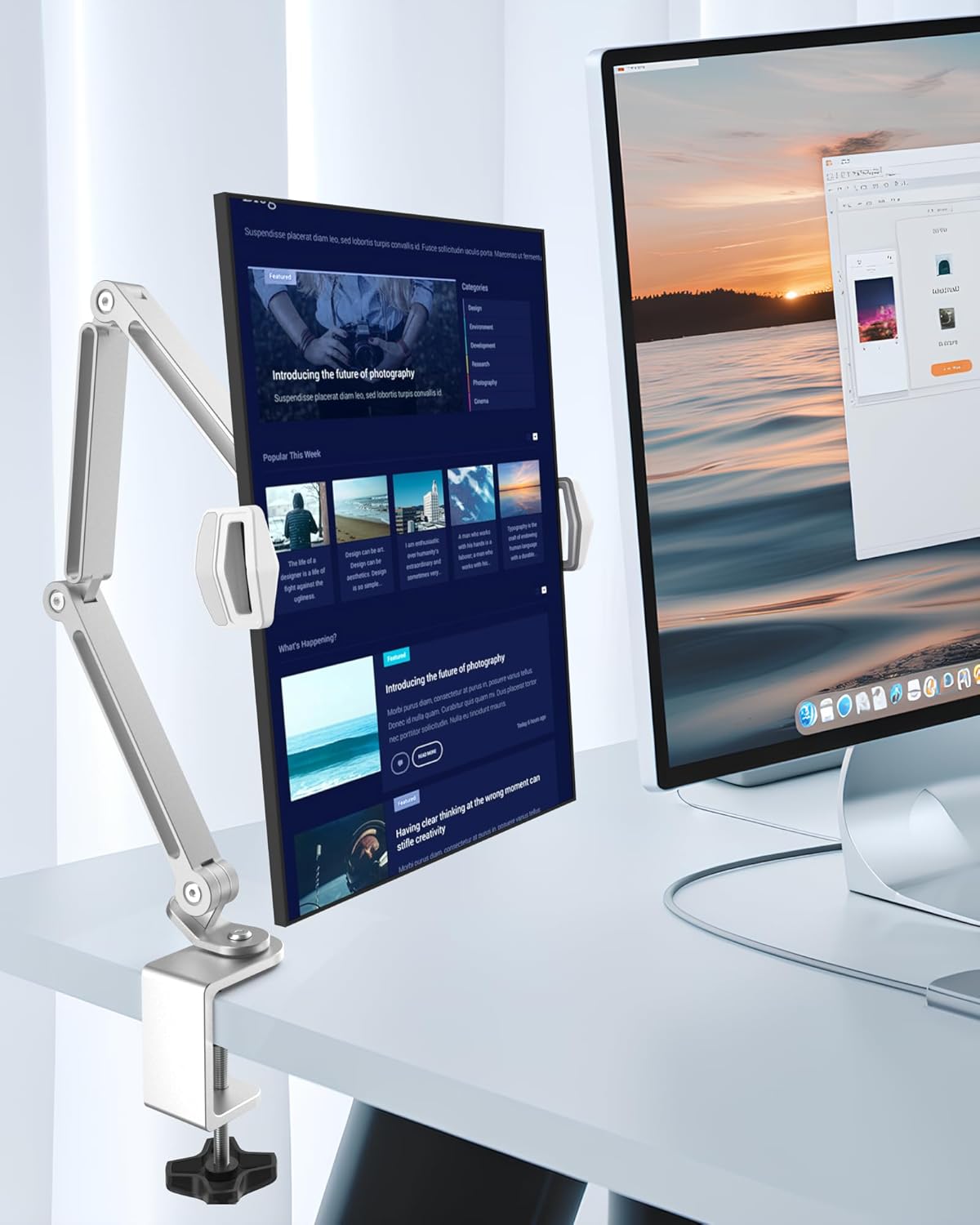 Aluminum Alloy Tablet Arm Stand for Desk, Portable Monitor Stand Foldable iPad Arm Mount 360° Adjustable Phone Holder Compatible with iPad Pro Air 13/12.9/11/Mini, Samsung, Kindle-Sliver