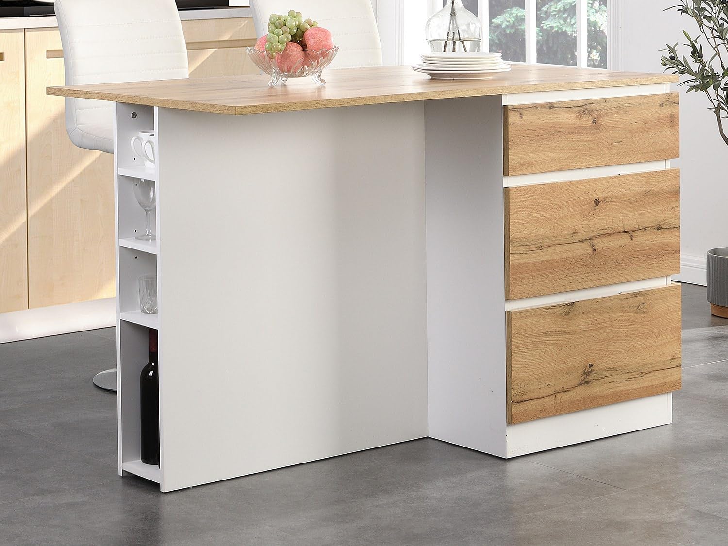 Vente-unique - Kücheninsel mit 6 Schubladen & 4 Ablagefächern aus MDF - Holzfarben hell & Weiß - POMARELA