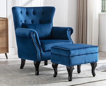 Kmax Velvet Club Chair Tufted Throne Mid Century Accent Wingback with Ottoman Padded Seating Wood Legs Home Bedroom Living Room, Blue 1 Chair with Ottoman