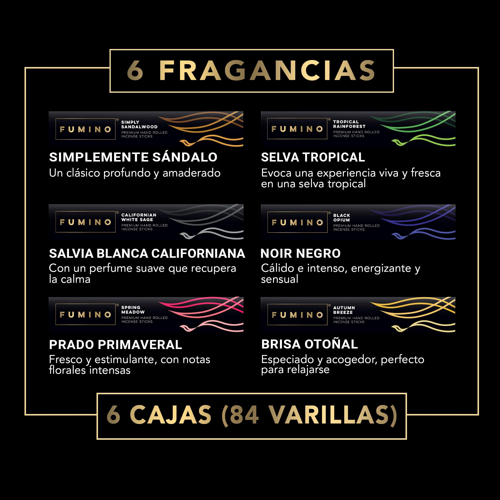 Incienso Esencial Fumino Lote 6 Cajas 84 Varillas Masala Agarbatti Naturales 90g