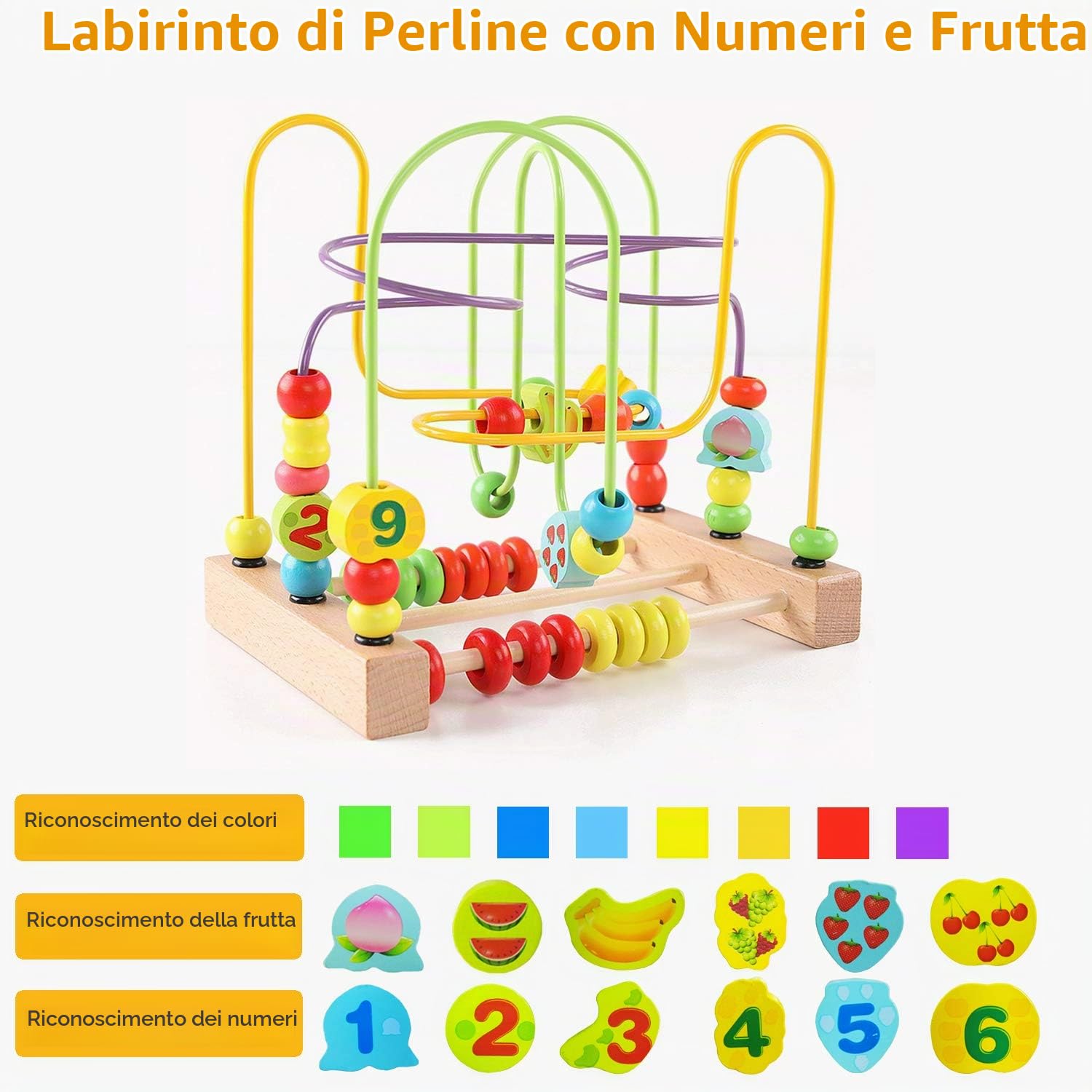 Jacootoys Frutta Legno Labirinti di Perline Abaco Montagne Russe Rotolamento Cerchio Giocattoli educativi Bambini Ragazzi Ragazze