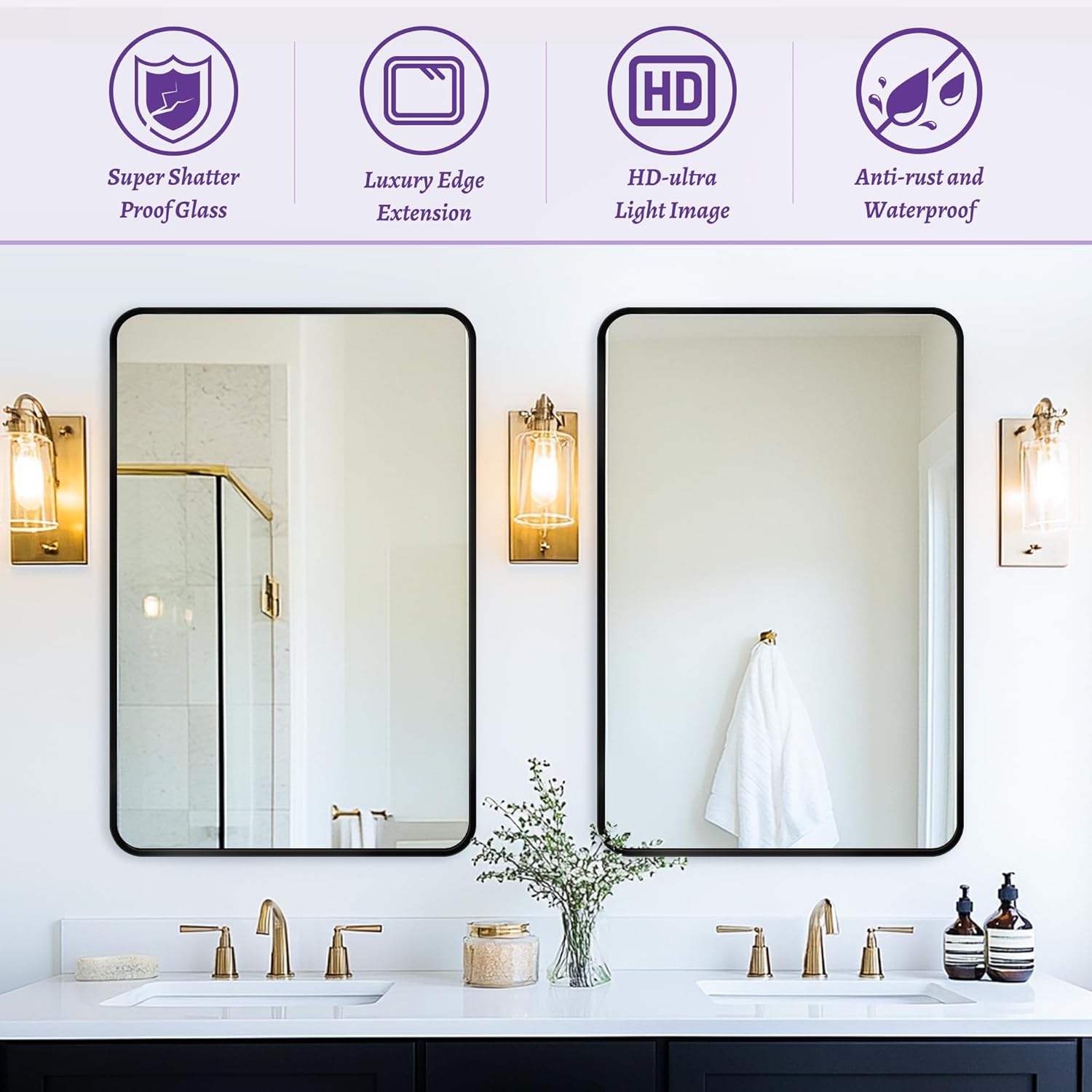 Antok 22x30 Black Metal Framed Bathroom Mirror, Wall Mirror with Round Corners, Vanity Mirror for Over Sink, Anti-Rust Tempered Glass, Horizontal/Vertical Hanging for Bathroom, Living Room, Entryway