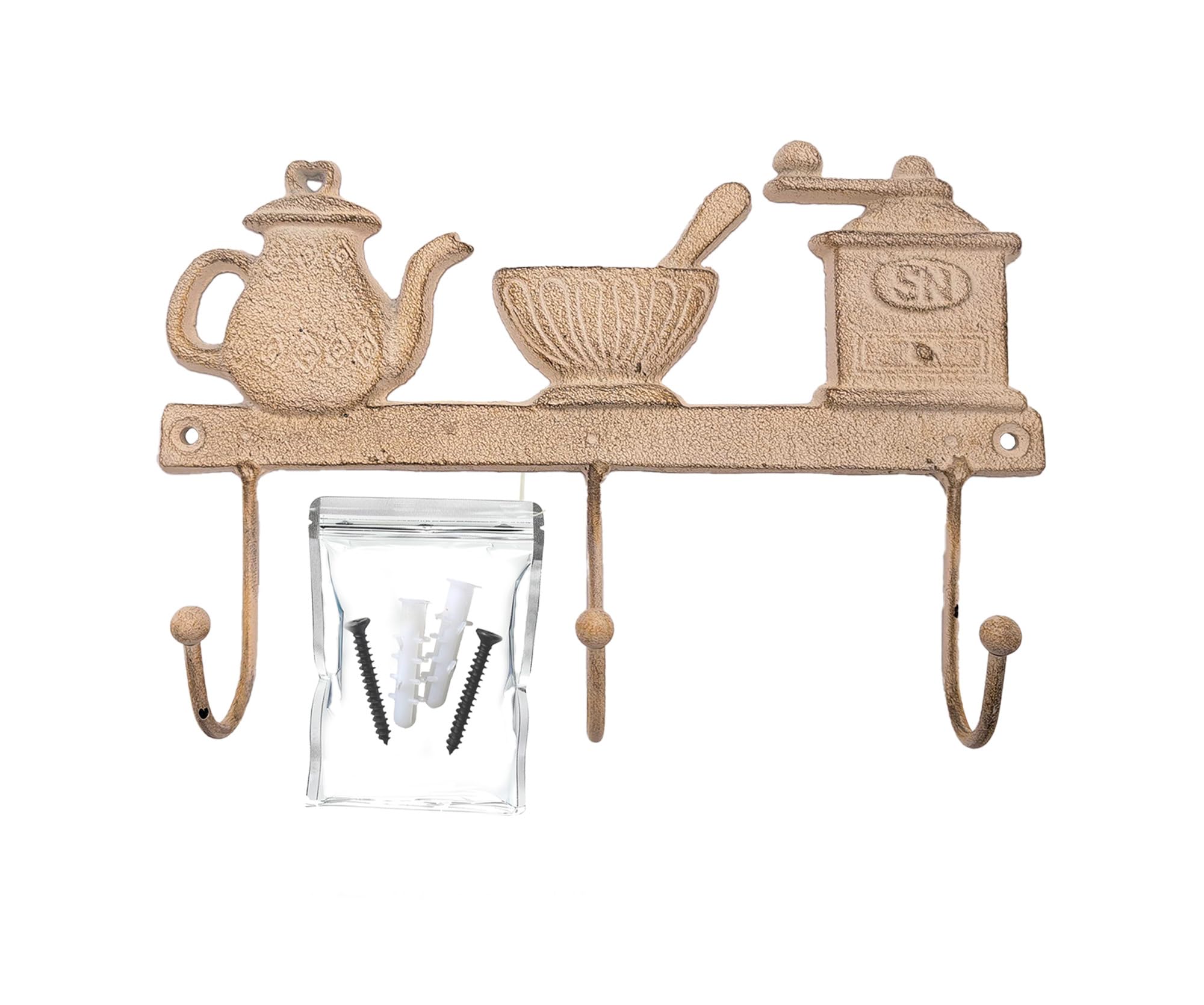 Gancio da Parete Decorativo in Ghisa con Motivo Caffè e Tre Ganci Circa 27 x 17 cm