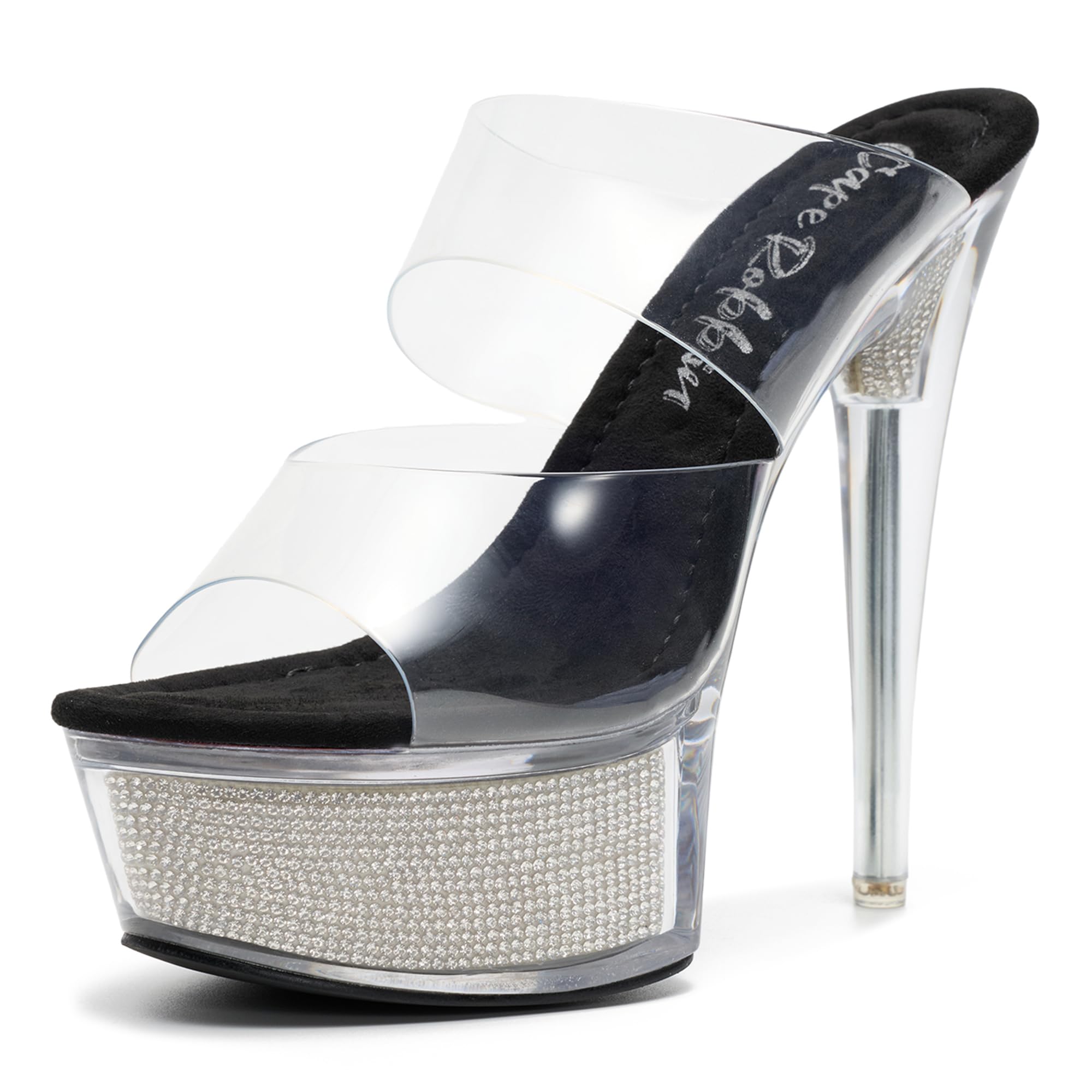 Women's Clear Platform Stiletto Heels | Slip-On Rhinestone Transparent Straps, Round Toe (Ferrara)