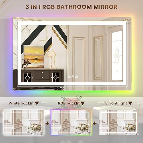 Miniatura 3 de Espejo de baño LED de 48 x 36 pulgadas con retroiluminación RGB y luz frontal, espejo LED regulable continuo para baño, espejo de tocador de baño