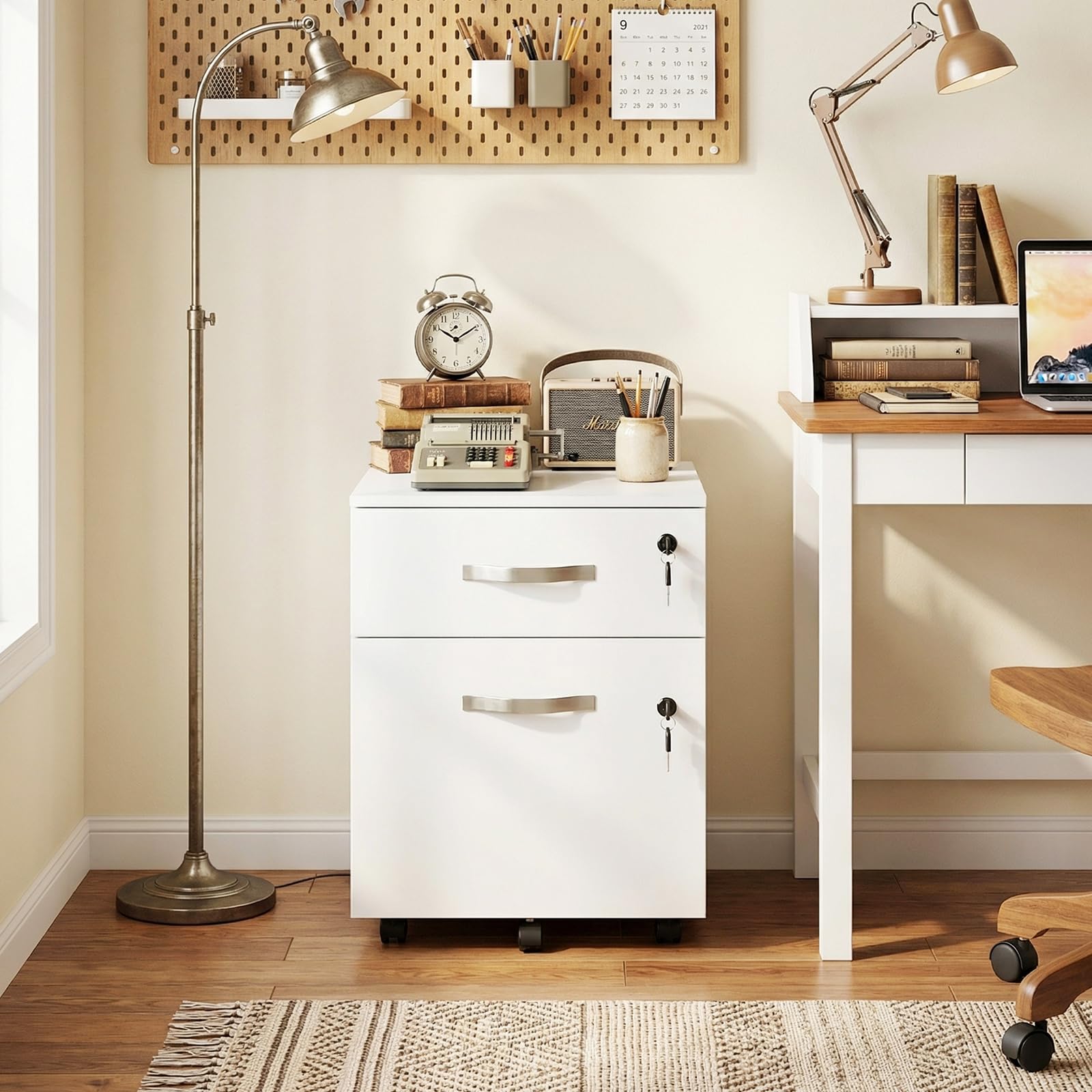 buybyroom Caisson de Rangement, Meuble Bureau à 5 roulettes, 2 Tiroirs, Verrouillable Meuble sous Bureau 53.5 cm Hauteur pour Dossiers Suspendus, Papier Administratif, Imprimante, Format A4, Blanc
