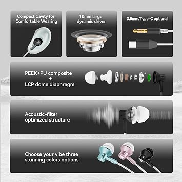 NICEHCK StringSnow Wired Earbuds with Microphone, 10mm Dynamic Driver PEEK PU LCP Diaphragm HiFi in-Ear Headphones DAC Chip for iPhone, Samsung, Computer, Laptop Students (Black 3.5mm with Mic)