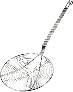 TrueCraftware- 9-Inch Round Spiral Wire Skimmer with 13" Handle Length Nickel Plated- Kitchen Utensil Food Strainer Skimmer Spoon for Cooking Sieve Sifters Rice Quinoa Pasta Fruits Vegetables etc.