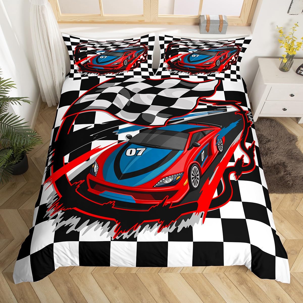 Homewish Blue Red Racing Car Super King Duvet Cover Boys Bedding Set for Kids Teenagers Man Cool Race Sports Car Quilt Cover for Bedroom, Black And White Grid Bedding & Linen