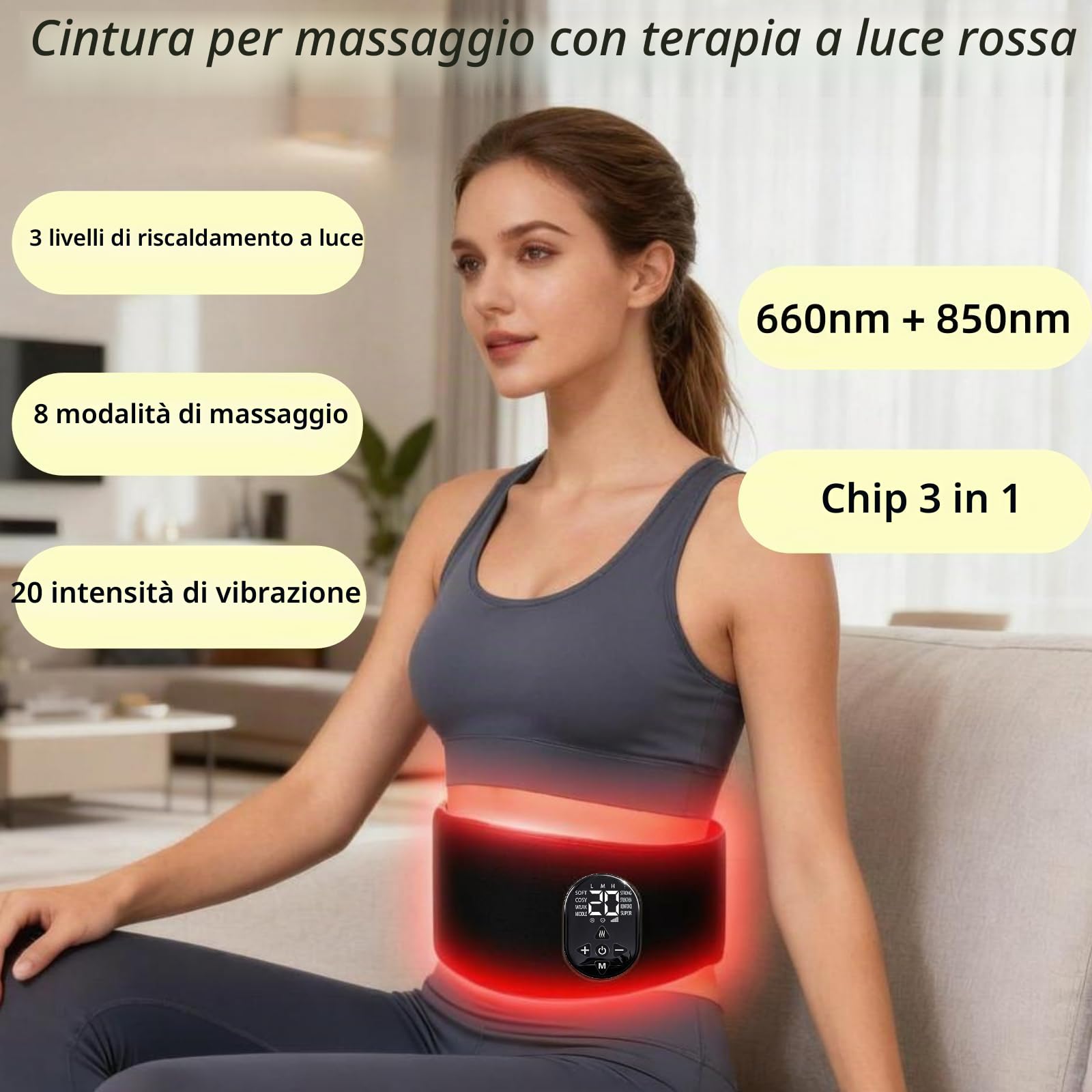 Cintura luce rossa 150 LED, massaggio riscaldante infrarossi vita & addome