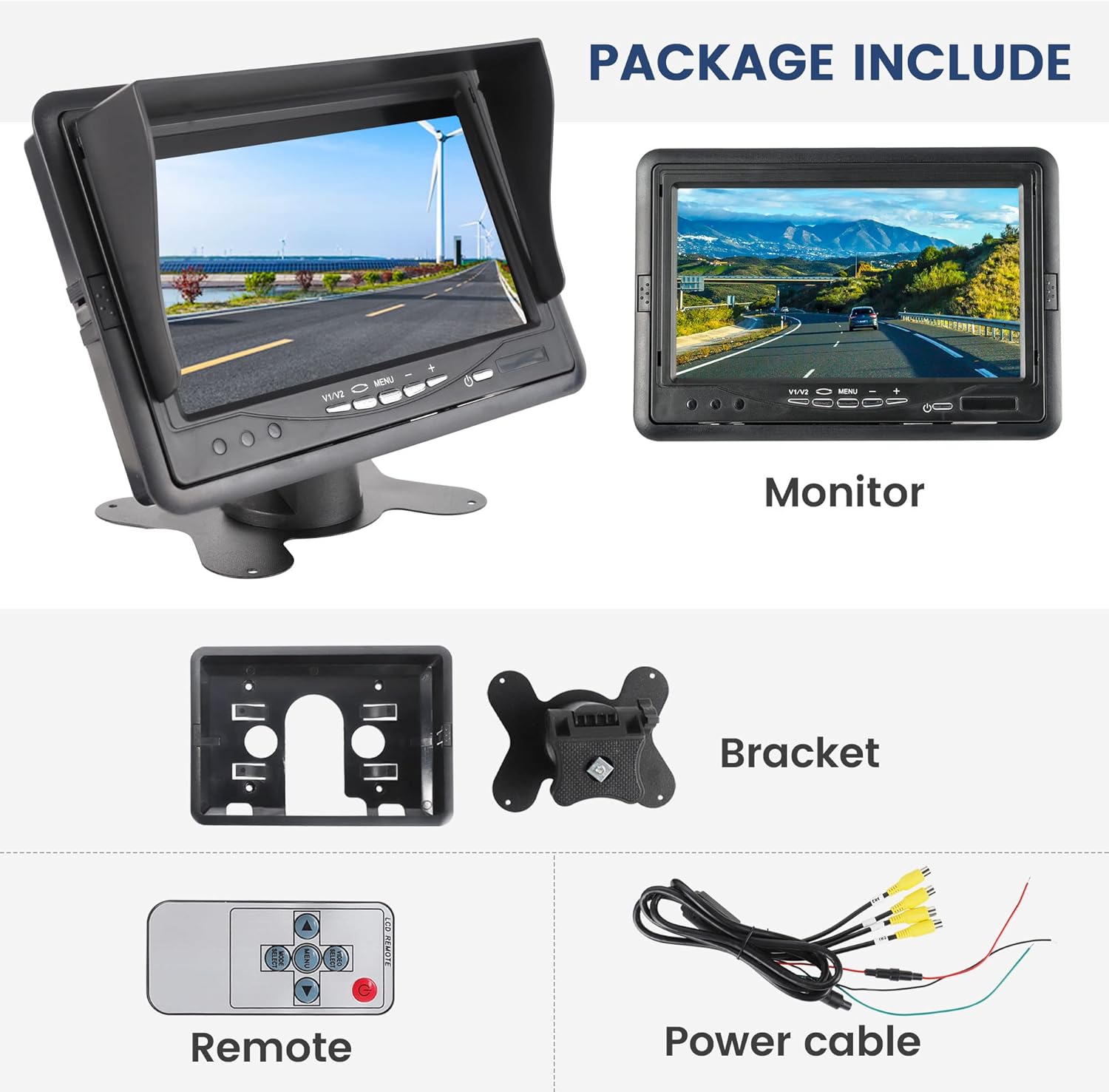 EWAY 7-inch monitor package contents including monitor, bracket, remote, and power cable.