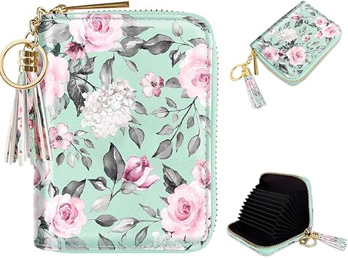 Coco Rossi Billetera pequeña para tarjetas de crédito RFID con purpurina linda para mujer, C Flores verdes