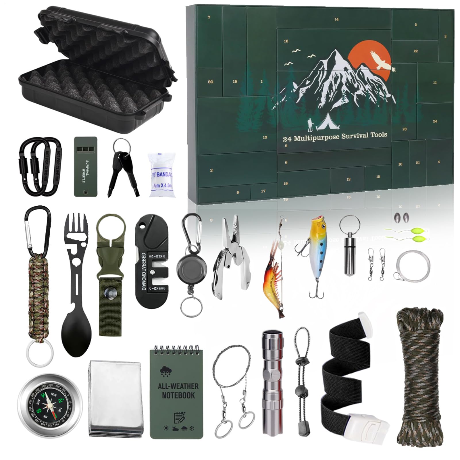 Kit di sopravvivenza calendario 'Avvento – conto alla rovescia di Natale 24 giorni per uomini, strumenti di sopravvivenza giornalieri all'aperto, set regalo, attrezzatura da campeggio portatile | 24 giorni per uomini, strumenti di sopravvivenza giornalier