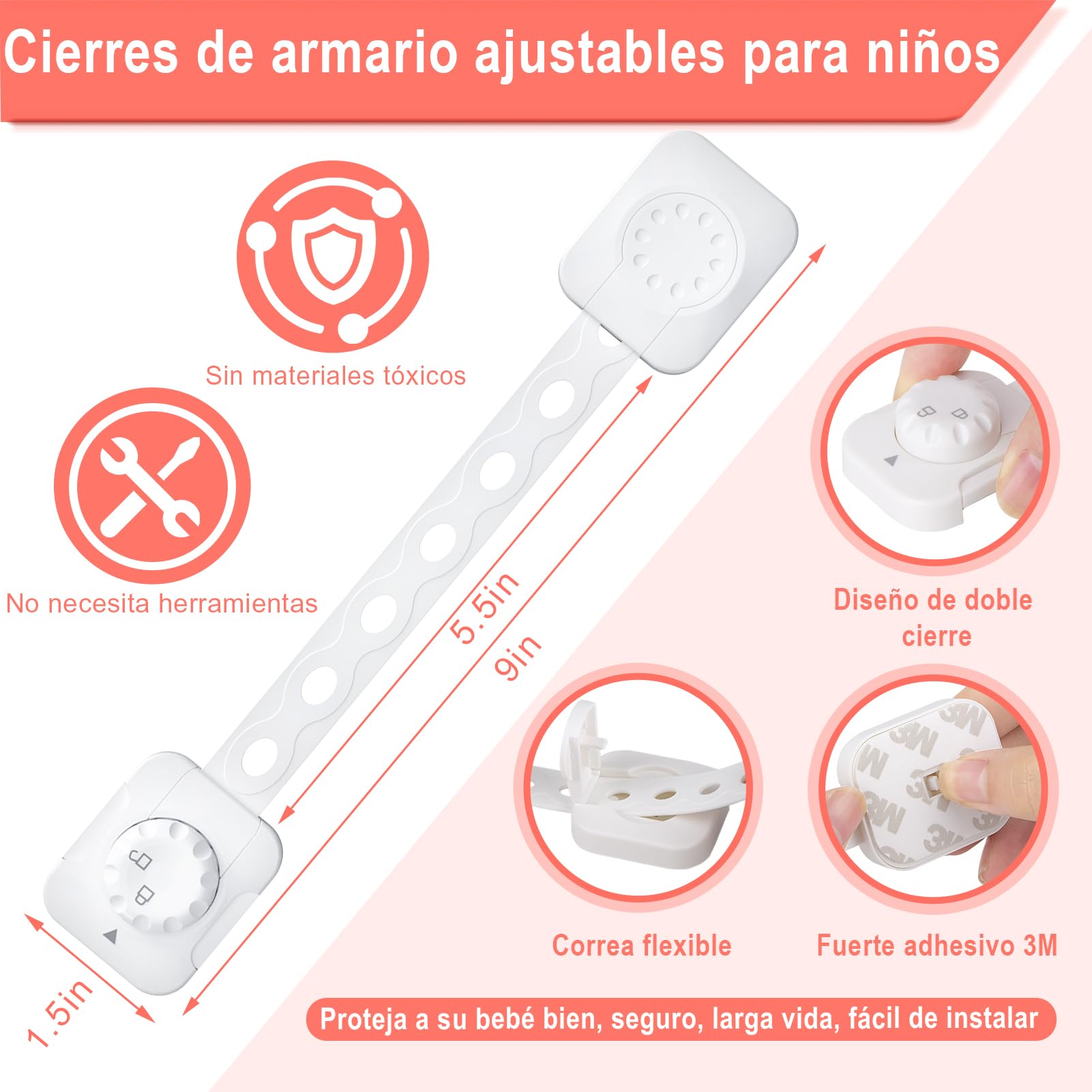 REDTRON Cerraduras de Seguridad para Niños, 6Pcs Bloqueo de Seguridad con Adhesivo de 3M, Cerraduras a Prueba de Bebé para Gabinetes, Cajones, Neveras(Blanco, No se necesita usar taladros)