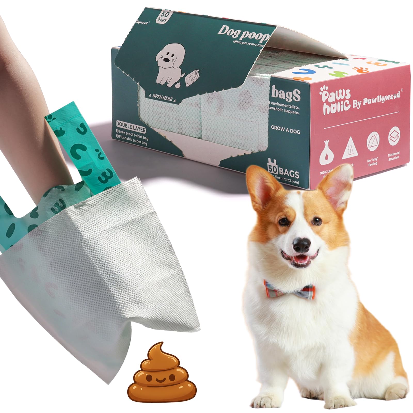 2-Ply Dog Poop Bags with Paper Towels-50 Pieces-Ultra Thick and Leakproof Pet Waste Pick-up Bags-no more warm & yuck feeling