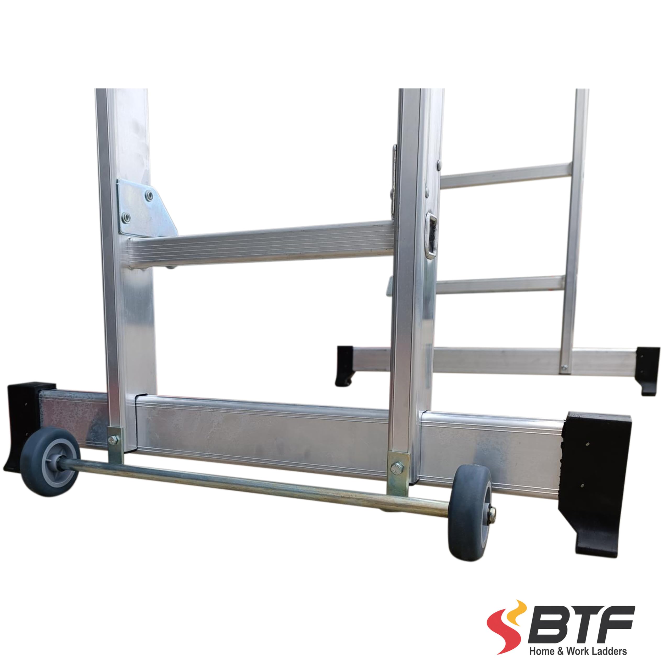 BTF Andamio Multifunción 4 en 1 en Aluminio | Convertible en Escalera Plegable, de Apoyo, Extensión y Plataforma Regulable en Altura, Capacidad 150kg, Ruedas y Barandilla. Ref: BTF-A1009027