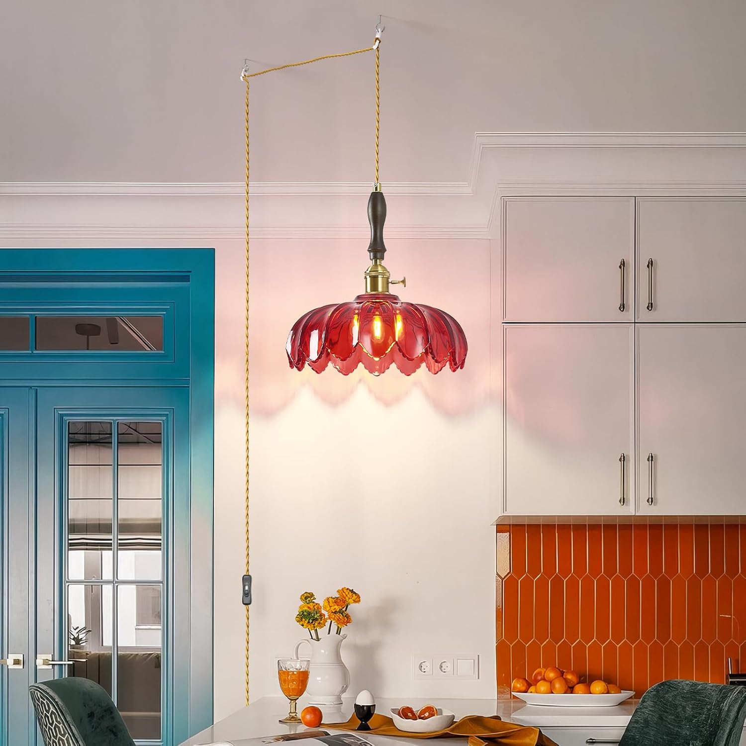 Modern Red Plug in Glass Pendant Light Retro Flower Glass Hanging Lamp Gold Brass Decorative Adjustable Ceiling Hanging Light Suitable for Kitchen Island Bedroom Dining Room Living Room