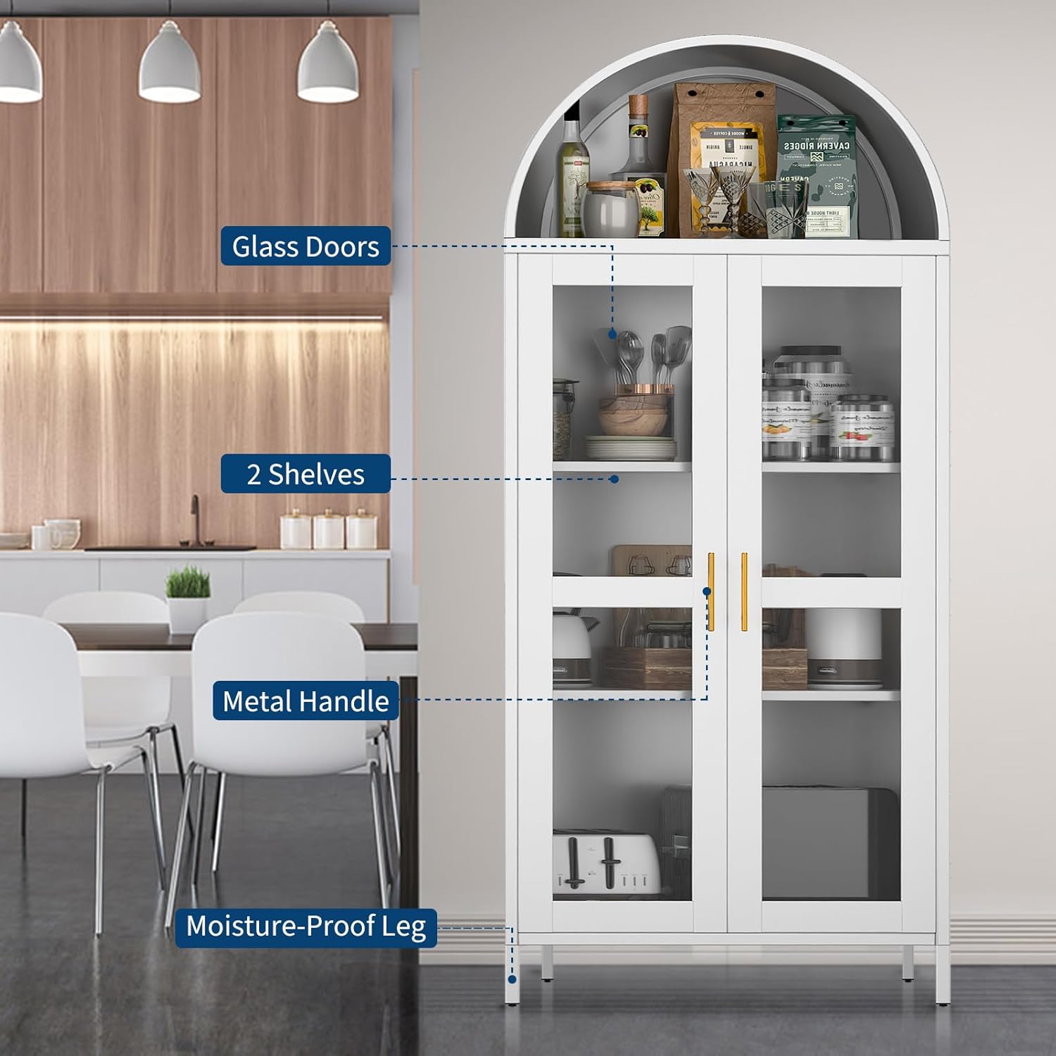 IDEALHOUSE 73In Tall Metal Arched Cabinet, Metal Storage Cabinet with 2 Adjustable Shelves,Modern Kitchen Pantry with Glass Door,Versatile Cupboard for Living/Dinning Room,Assembly Required White