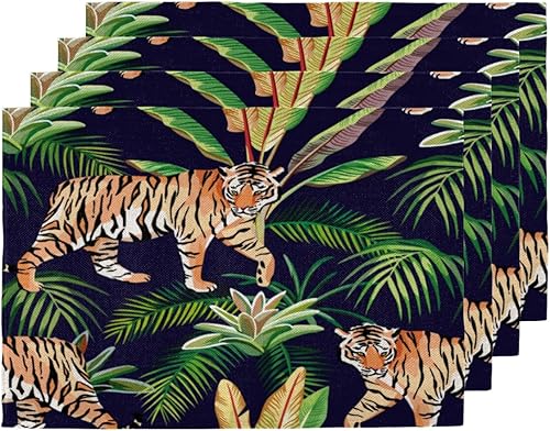 Juego de 4 manteles individuales de hojas de tigre, lavables, impermeables, para decoración de mesa de comedor, 18 x 12 pulgadas
