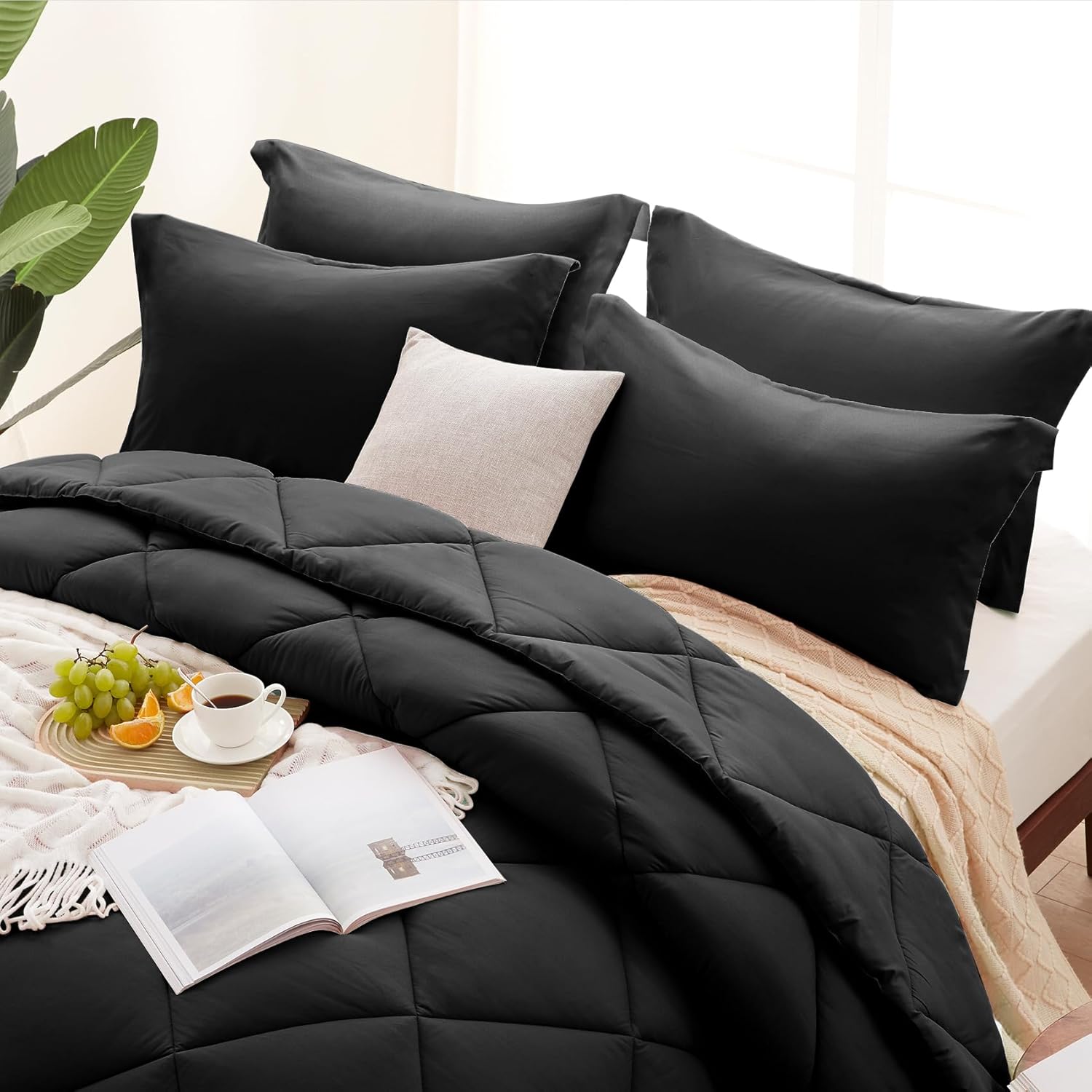 SunStyle Home King Comforter Sets, 7-Pieces Bed in a Bag with Comforter and Sheets, All Season Bedding Sets with Comforter, Flat Sheet, Fitted Sheet Pillow Shams and Pillowcases (Black)
