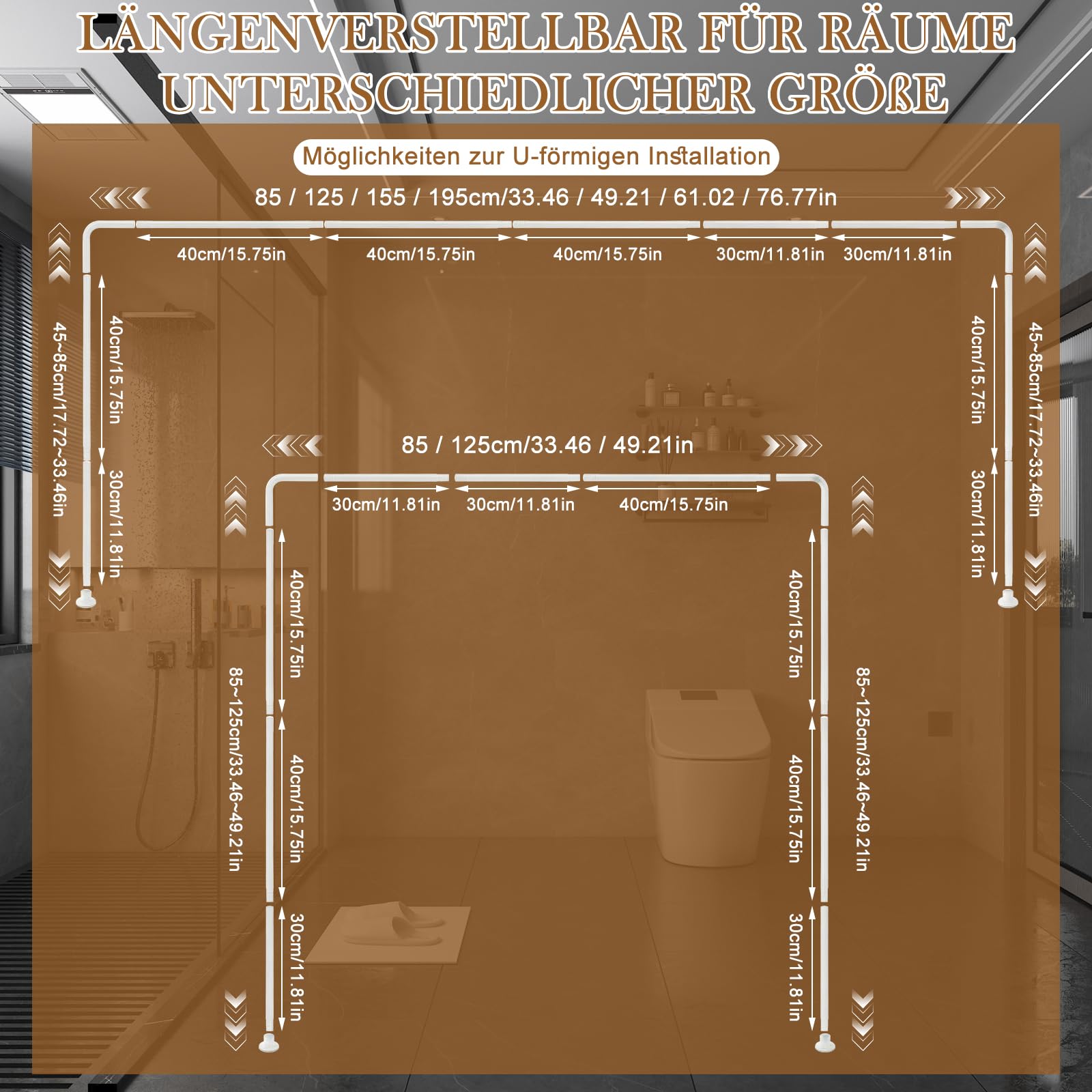 Tringle de rideau de douche en forme de U / L, flexible et réglable en acier inoxydable, barre de douche d'angle avec support de plafond pour baignoire/salle de bain, montage de perçage nécessaire, 4