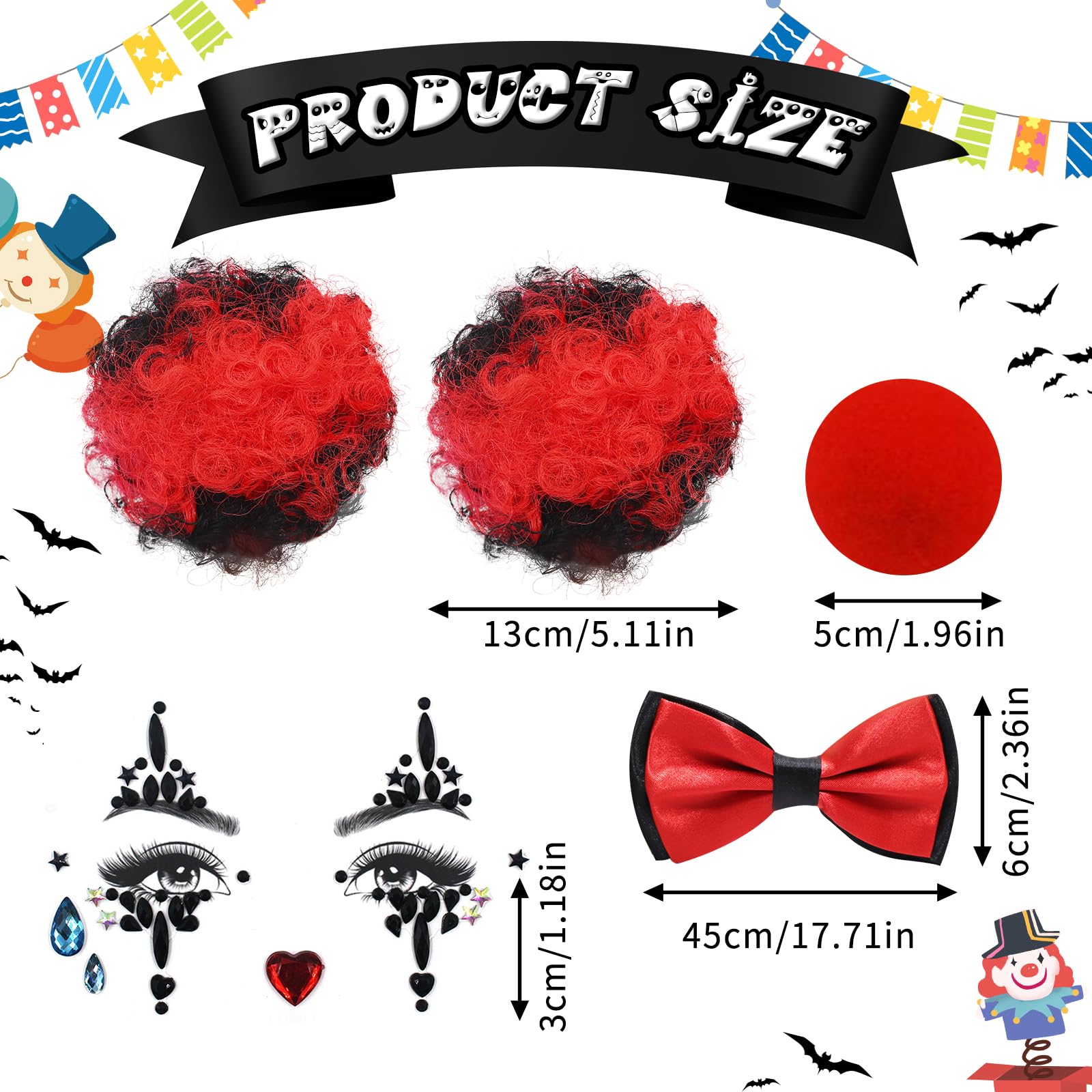 Kodepro 5 Pcs Women Clown Costume Accessories Set, Funny Fancy Dress Kit With Wigs, Temporary Face Tattoo, Bow Tie - Image 2