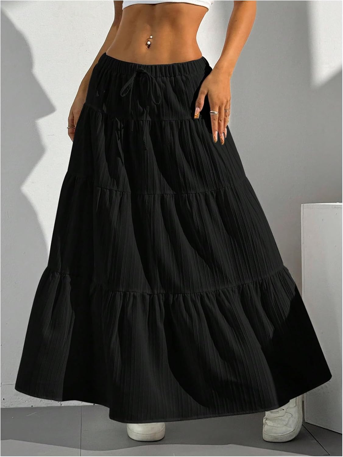 Women's Flowy Flared Ruffle Hem A Line Maxi Skirts Elastic Waist Elegant Tiered Layer Boho Long Skirts - Image 4