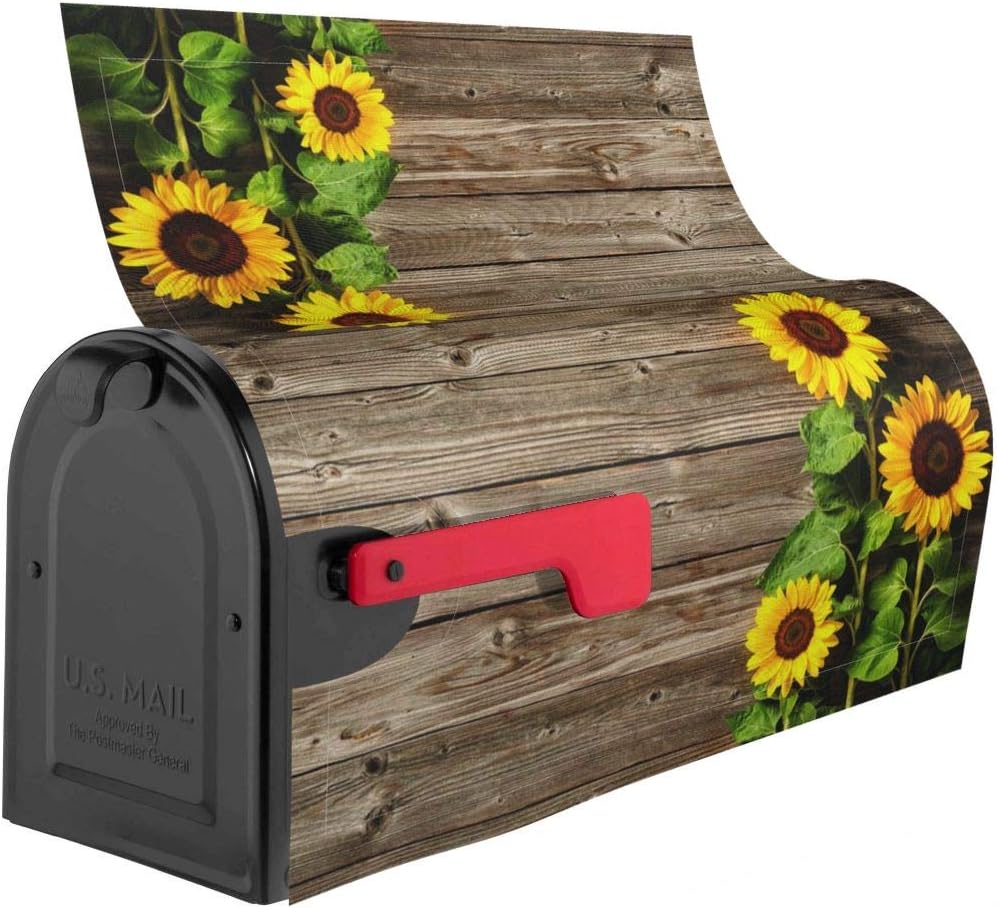 Autumn Sunflowers Wood Pattern Mailbox Covers Magnetic Post Box Cover Wraps Large Size 25.5x21 Inches for Garden Yard Decor