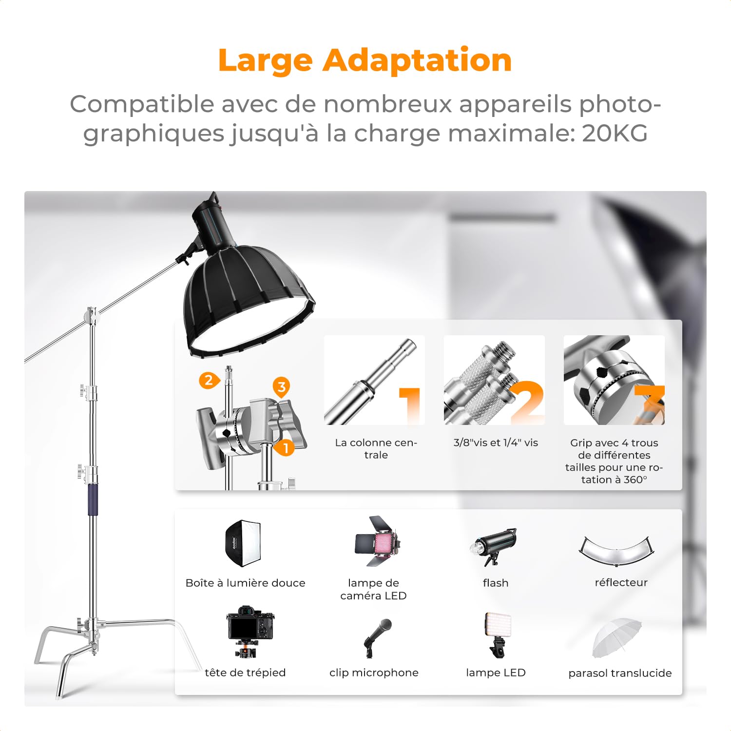 K&F CONCEPT Support C 330cm Acier Inoxydable pour Studio | Bras de perche réglable, 2 têtes poignée, charge 20kg, trépied lumière photo, avec sac sable, TL05