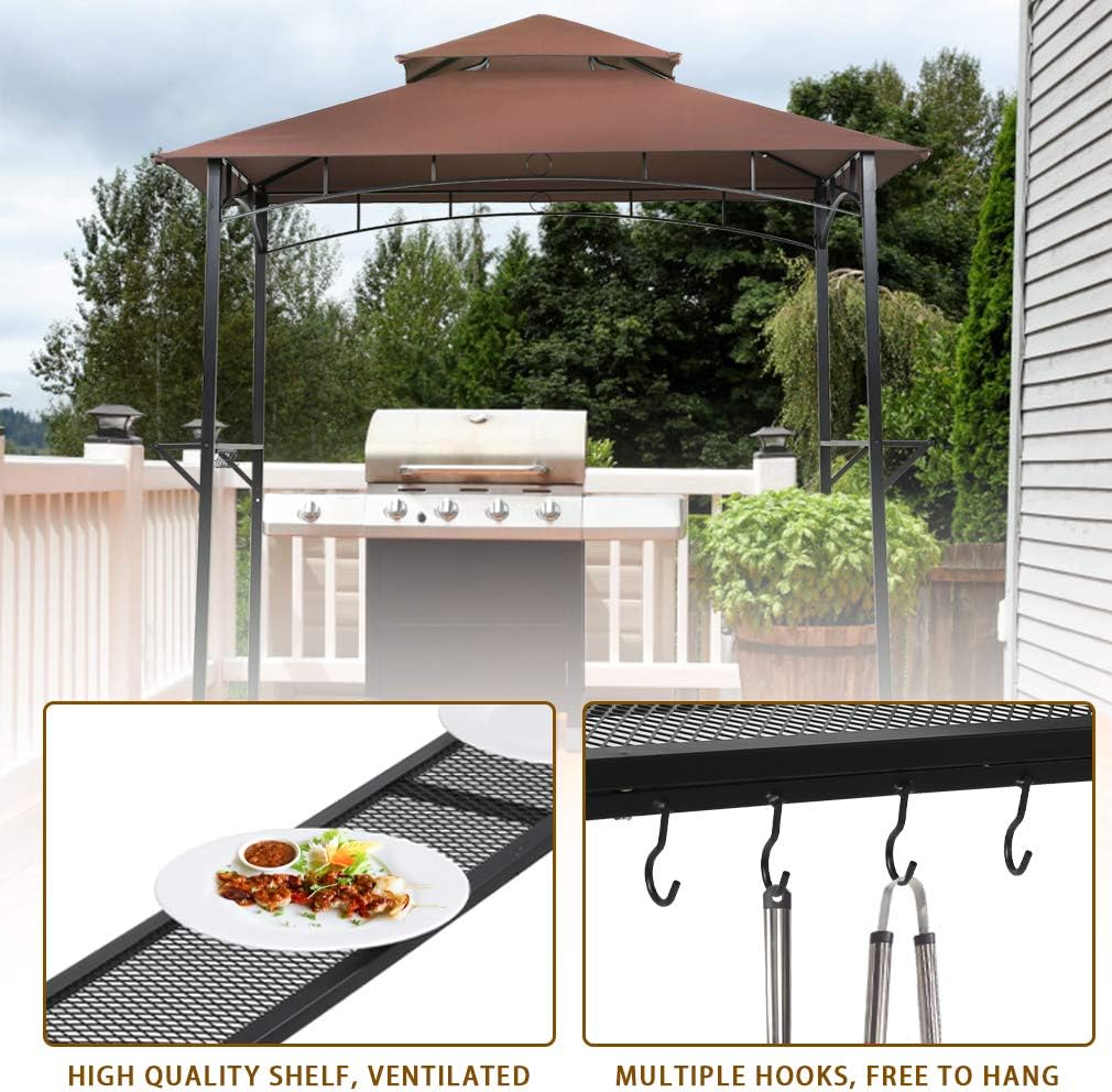 FDW Grill Gazebo with a grill underneath, showing the side shelf with hooks and a plate of food.