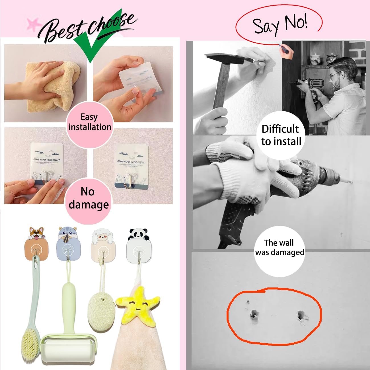 Heavy Duty Adhesive Wall Hooks for Hanging, 20 Pack Self Sticky Hook 30lb(Max), Waterproof Oilproof Stainless Steel Utility Hooks for Bathroom Shower Kitchen Wardrobe Outdoor Keys Coats, Cartoon