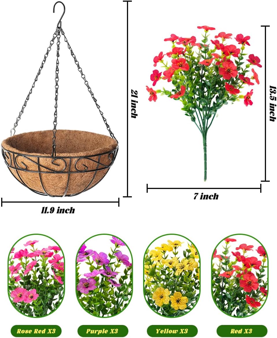TDHDIKE Artificial Faux Fake Hanging Flowers Plants Basket for Summer Outdoor Outside Decoration UV Resistant Fake Silk Colorful Daisy Eucalyptus for Porch Patio Balcony Yard Garden Home Decor