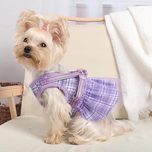 Miniatura 7 de Vestido de arnés para perro, vestido de arnés a cuadros con juego de correa, ropa de verano linda para mascotas, vestidos de cachorro para hembras