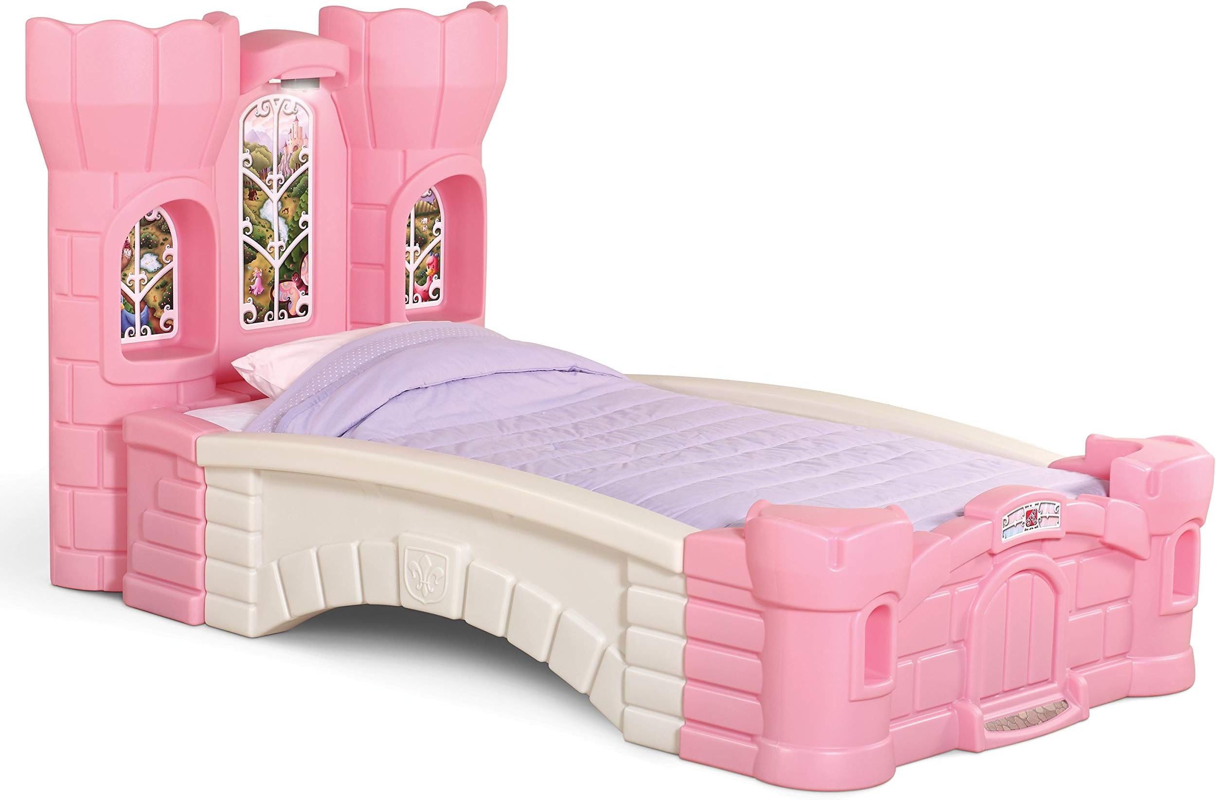 Step2 Princess Palace Twin Bed for Girls - Kids Durable Plastic Platform Bed with Headboard, Mattress Support Board and Built-in Light, Pink/White