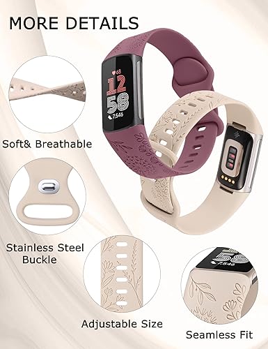 Miniatura 4 de Minyee Paquete de 3 bandas grabadas florales compatibles con Fitbit Charge 6 bandasFitbit Charge 5 bandas para mujer, lindo diseño de flores de