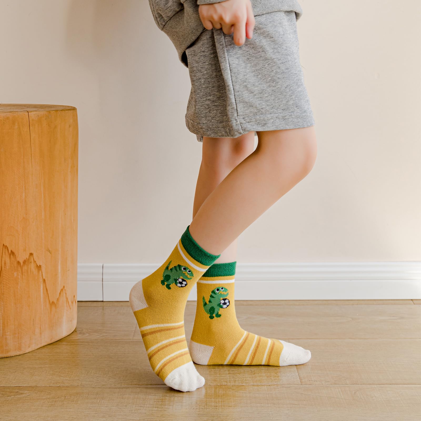 Calcetines de algodón para niños pequeños y grandes, calcetines de vestir coloridos a rayas de dibujos animados de dinosaurio, coche