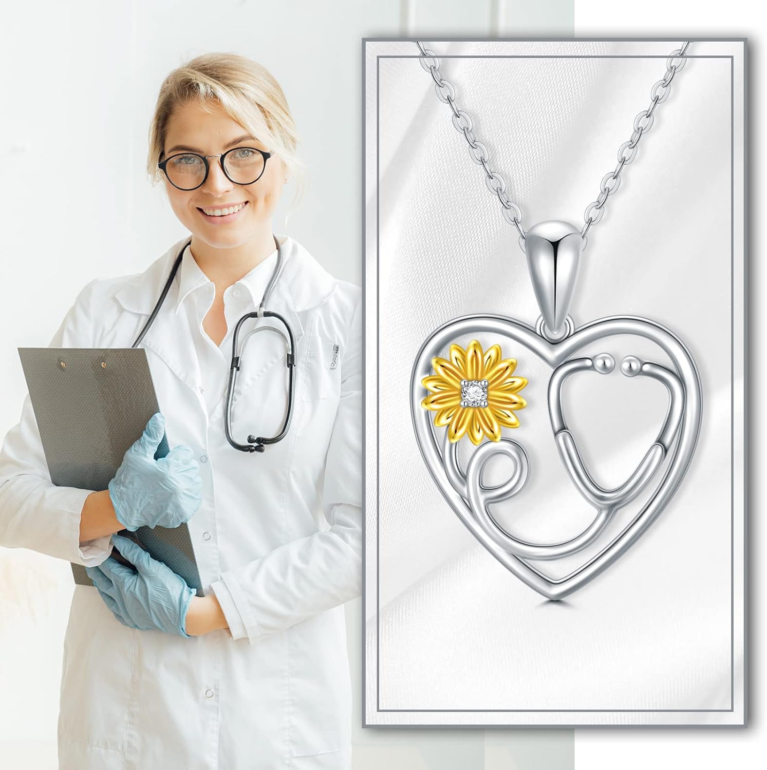 Personalized Heart Stethoscope Necklace 10K 14K 18K Gold Nurse Necklaces for Women Sunflower Medical Necklace for Nurses Gifts