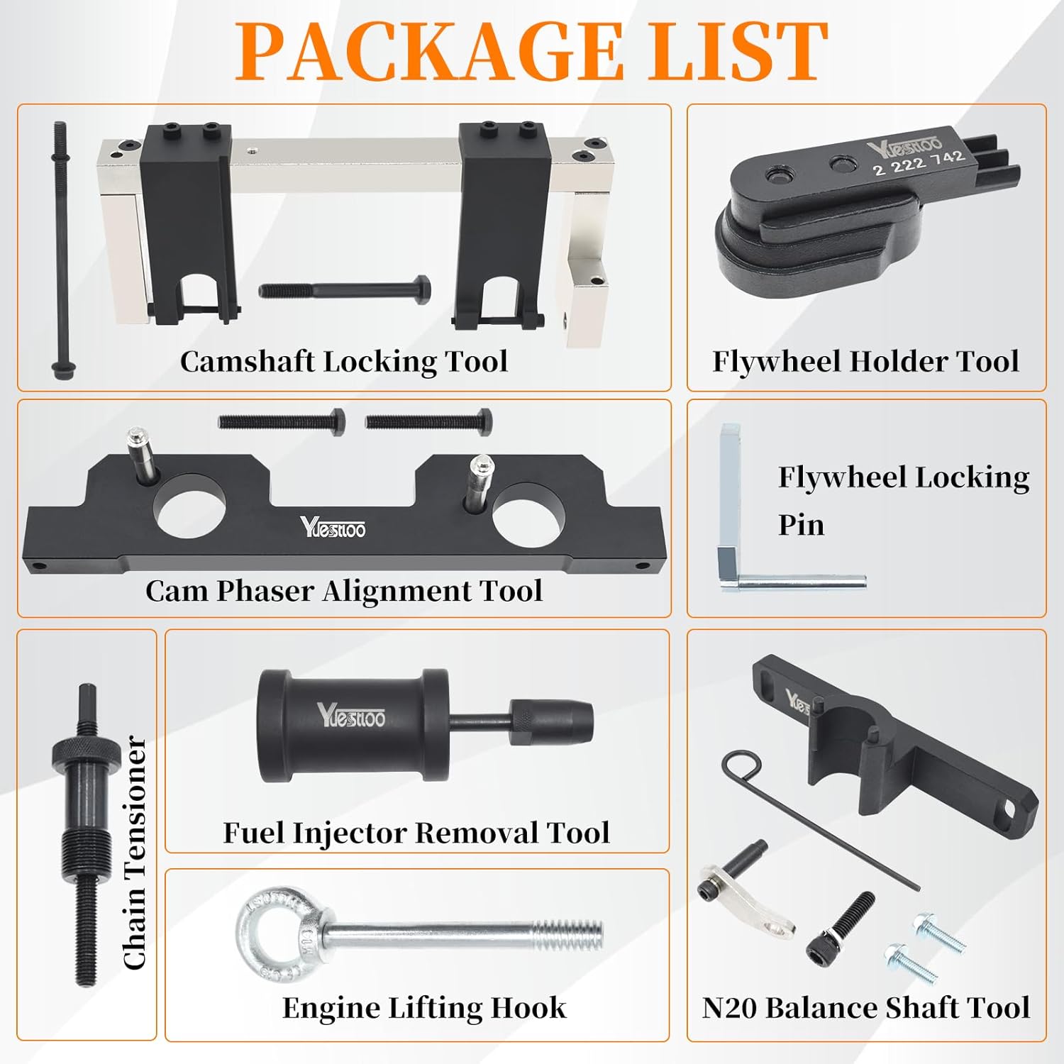 17PCS Camshaft Alignment Timing Tool Kit, Compatible with BMW N20 N26 Engine, with Flywheel Holder Tool & Balance Shaft Tool & Fuel Injector Remover Kit, 212831, 119340, 212830, 219548