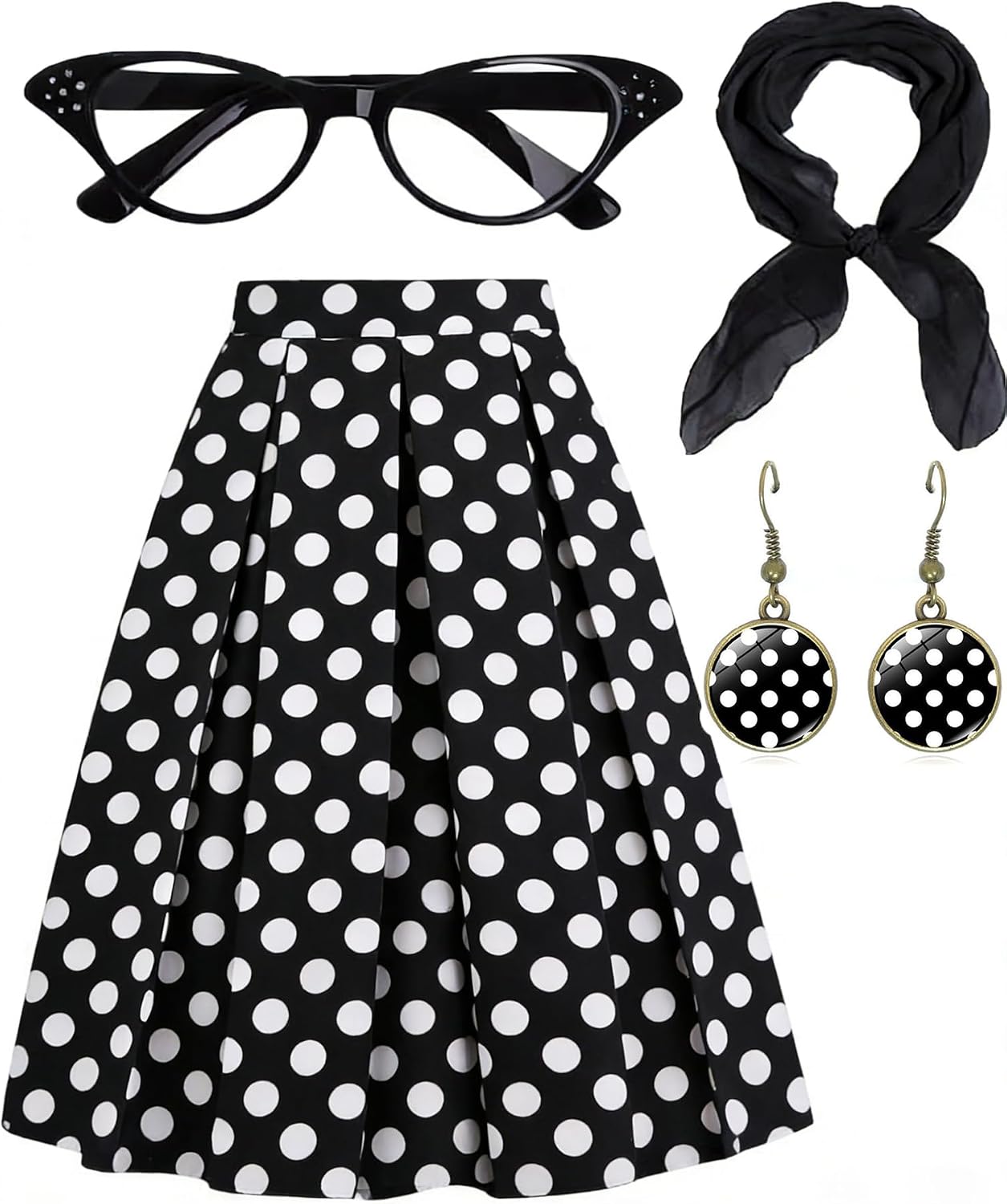Womens Poodle Skirts 1950s Outfits Adult Halloween Costumes 2026 with Scarf Glasses Vintage Earring Skirts 4 Pcs Set