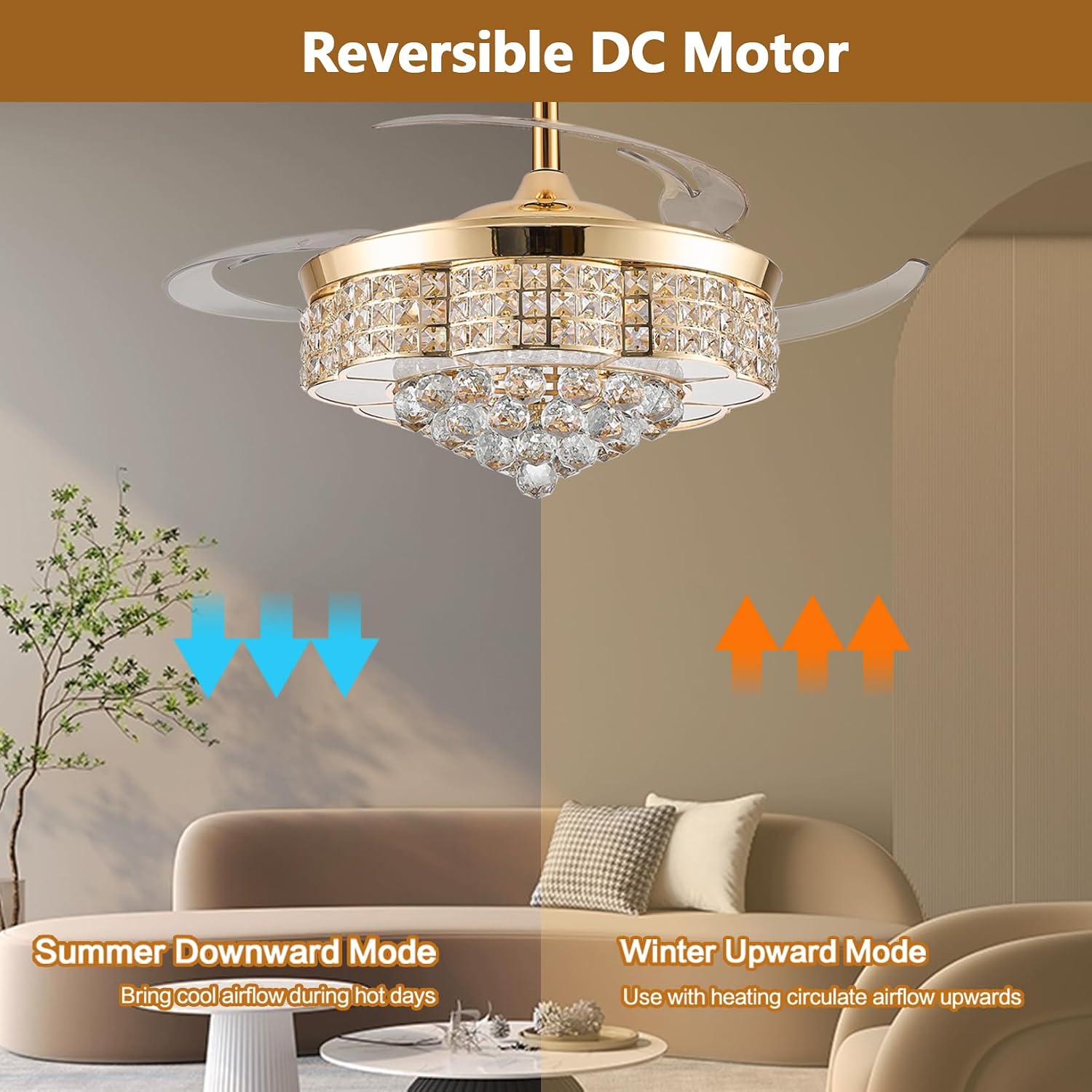 36" Retractable Crystal Ceiling Fan with Light, RGB Modern Fandelier 6 Speeds Reversible Blades Dimmable Chandelier Fan with Remote Gold
