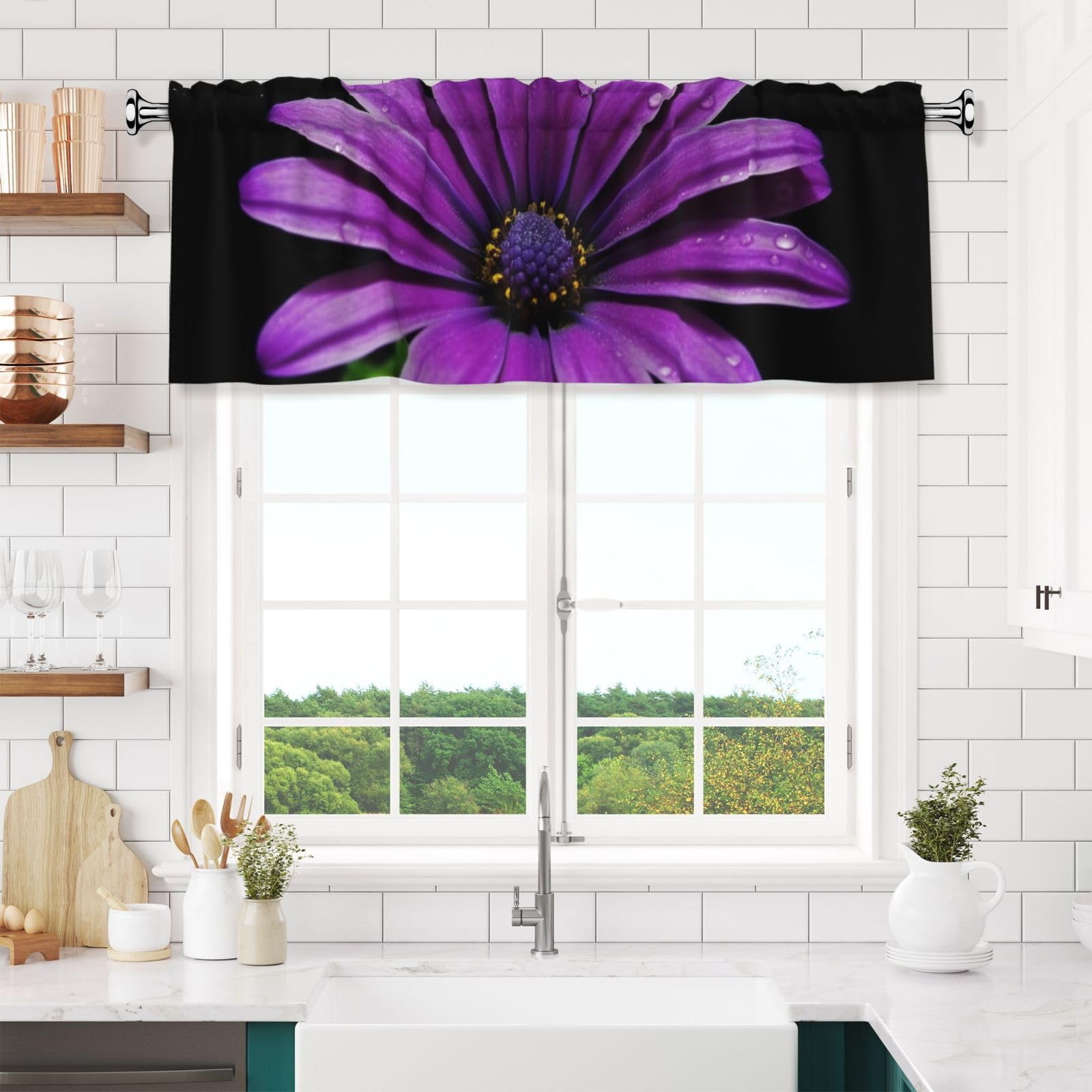 NONHAI Purple Daisy Valances for Windows Short Curtains Rod Pocket Cafe Window Treatments Valance Curtains for Kitchen Bathroom Laundry Basement Windows 54x18inch Blackout Window Valance