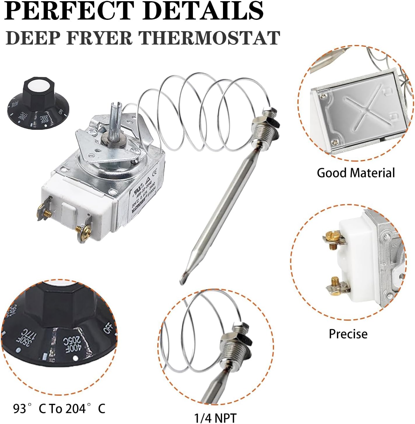 1175 Thermostat RX-1-36, 60125401 Deep Fryer Thermostat with Knob Switch,1/4" Mpt Stuff Box Compatible with Pitco 60124501, Royal Range 3113, 5300-401 Deep Fryer Thermostat 200-400F