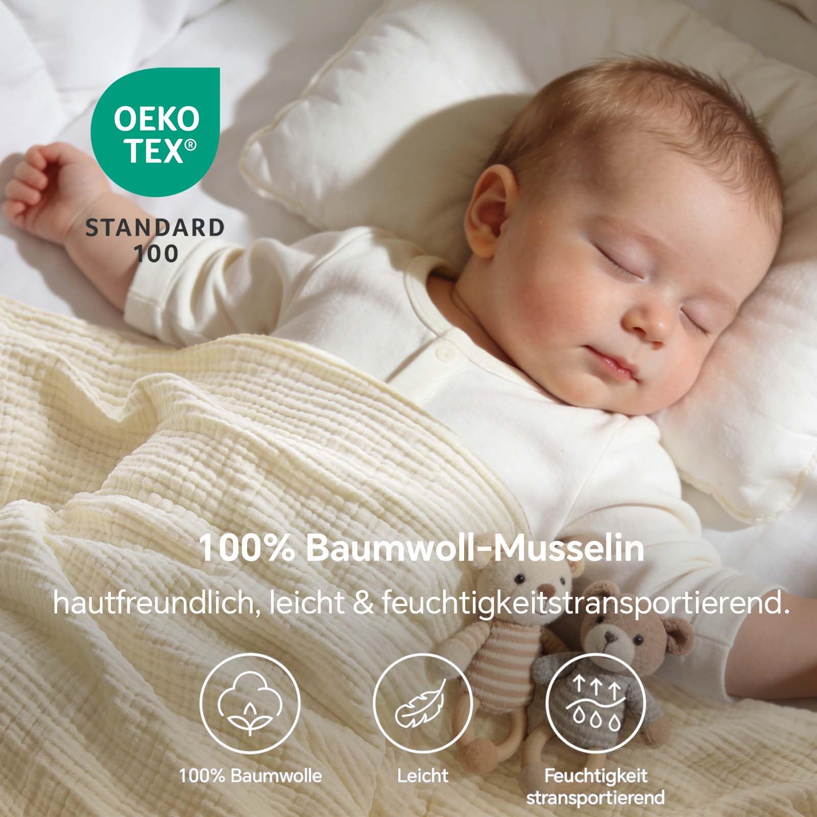 BEDELITE Musselin Decke 150 x 200 cm Baumwolle atmungsaktive Sommer Tagesdecke Kuscheldecke Überwurf Creme