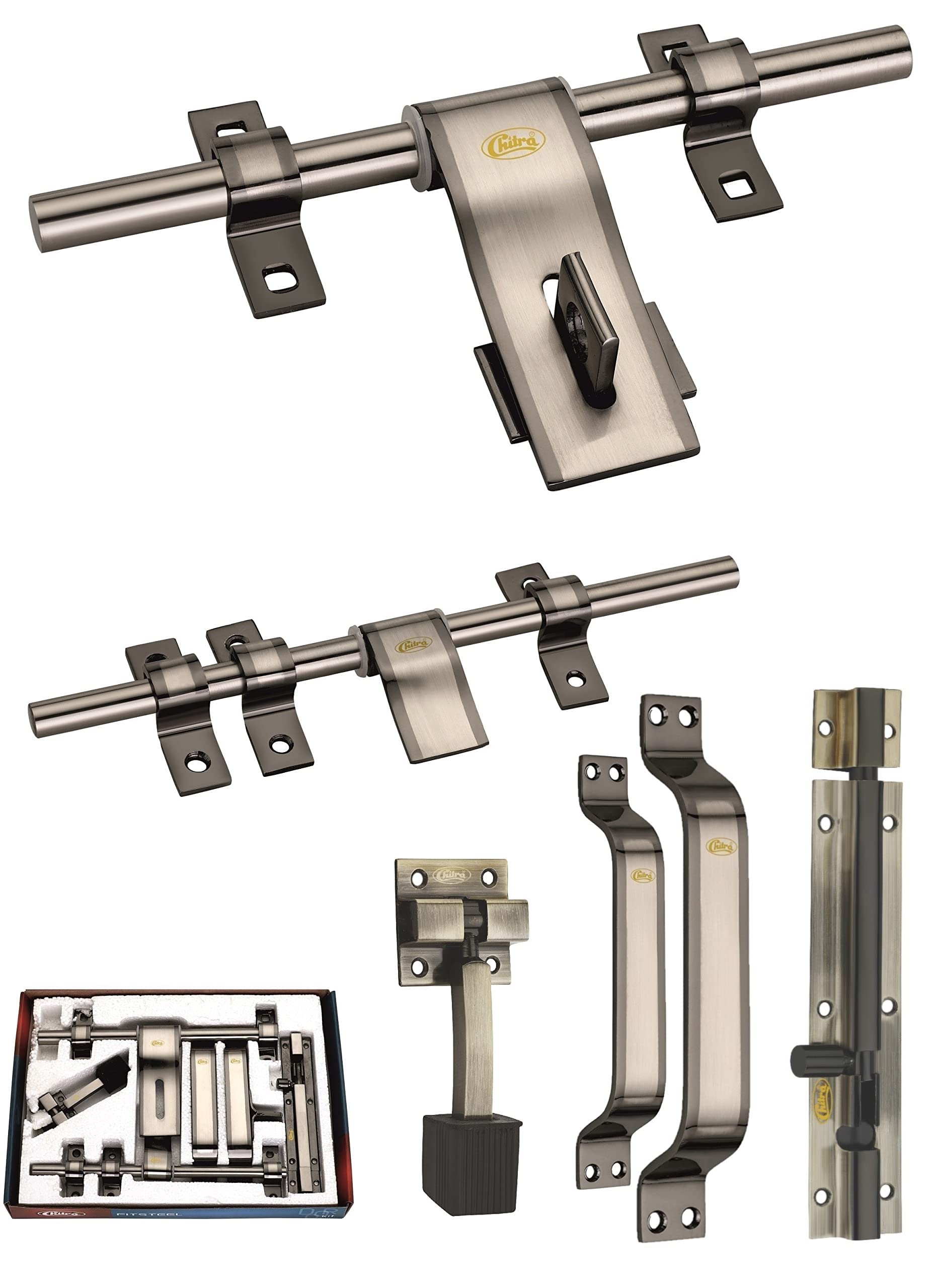 Chitra Wave Stainless Steel Heavy Door Fitting Accessories Full Set/Kit (1 Aldrop, 1 Latch, 2 Handles, 1 Tower Bolt and 1 Door Stopper) (10 Inch, Black) — Amazon image 10