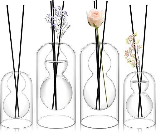 4 botellas de difusor de varillas de vidrio de aromaterapia de calabaza, vidrio recargable vacío con 25 varillas negras de varillas de 2 tamaños,