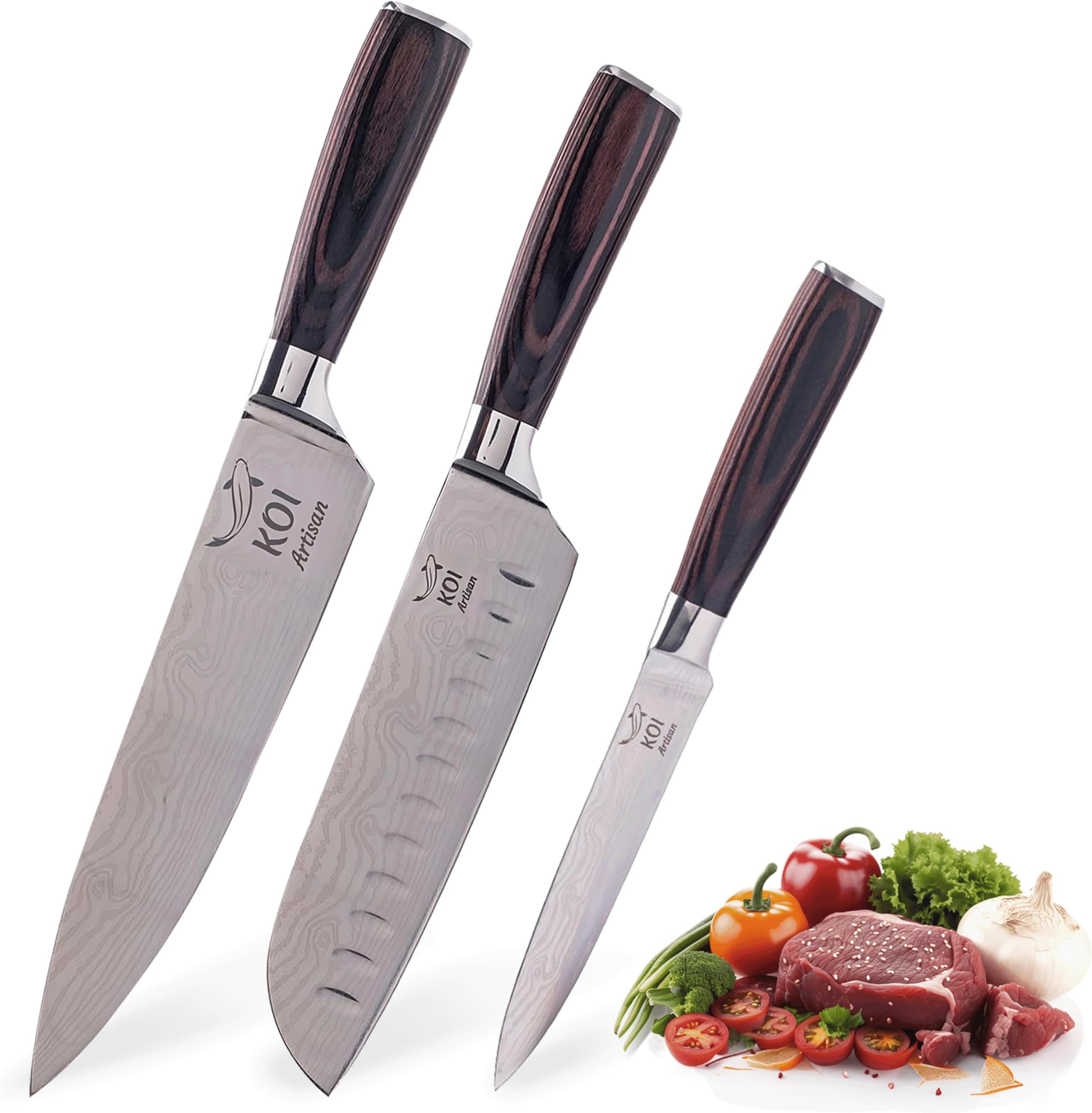 KOI ARTISAN Professional Knife Set - Stainless Steel Kitchen Knives with Ergonomic Pakka Wood Handle - Japanese Chef Knives Presented in Gift/Box