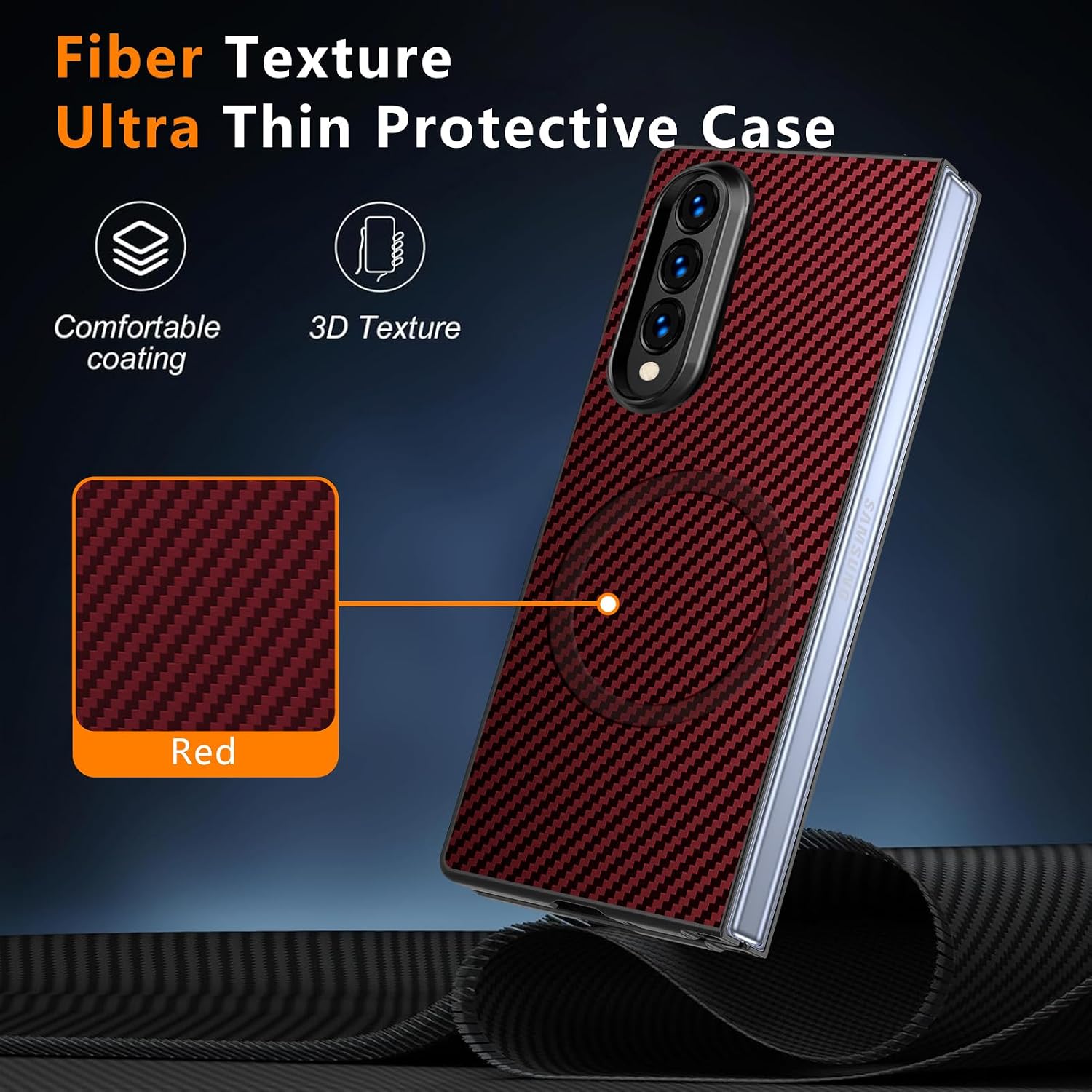 Magnetic for Samsung Galaxy Z Fold4 Case with Carbon Fiber Texture Design,Wireless Charging [PC] Military-Grade Shockproof case Cover for Z Fold 4[Red] MUS-TQCX-02-07