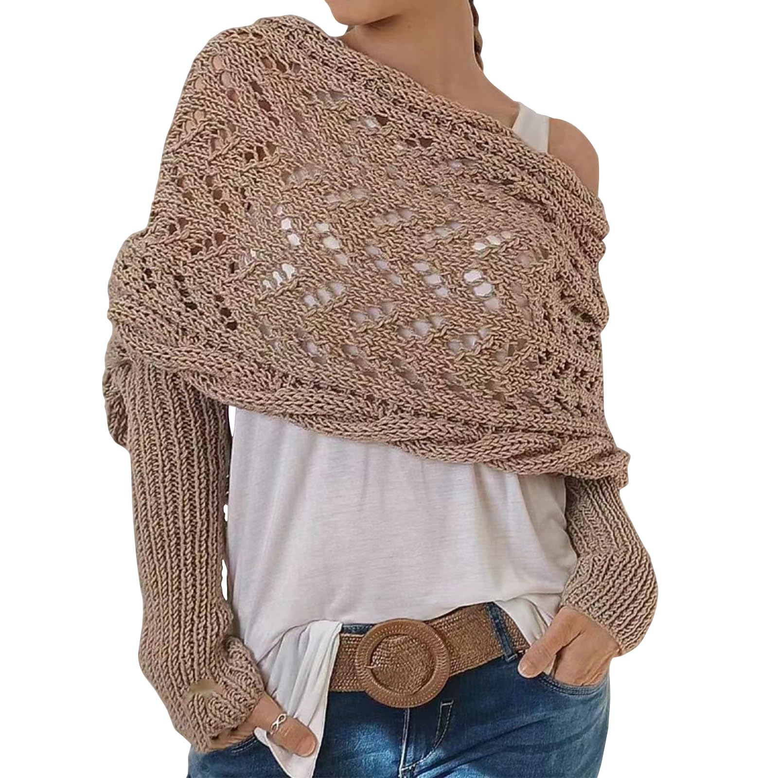 Scarf with Sleeves for Women, Knitted Cable Wrap, Multifunctional Knitted Crochet Shrugs, Double Sleeve Scarf Wrap